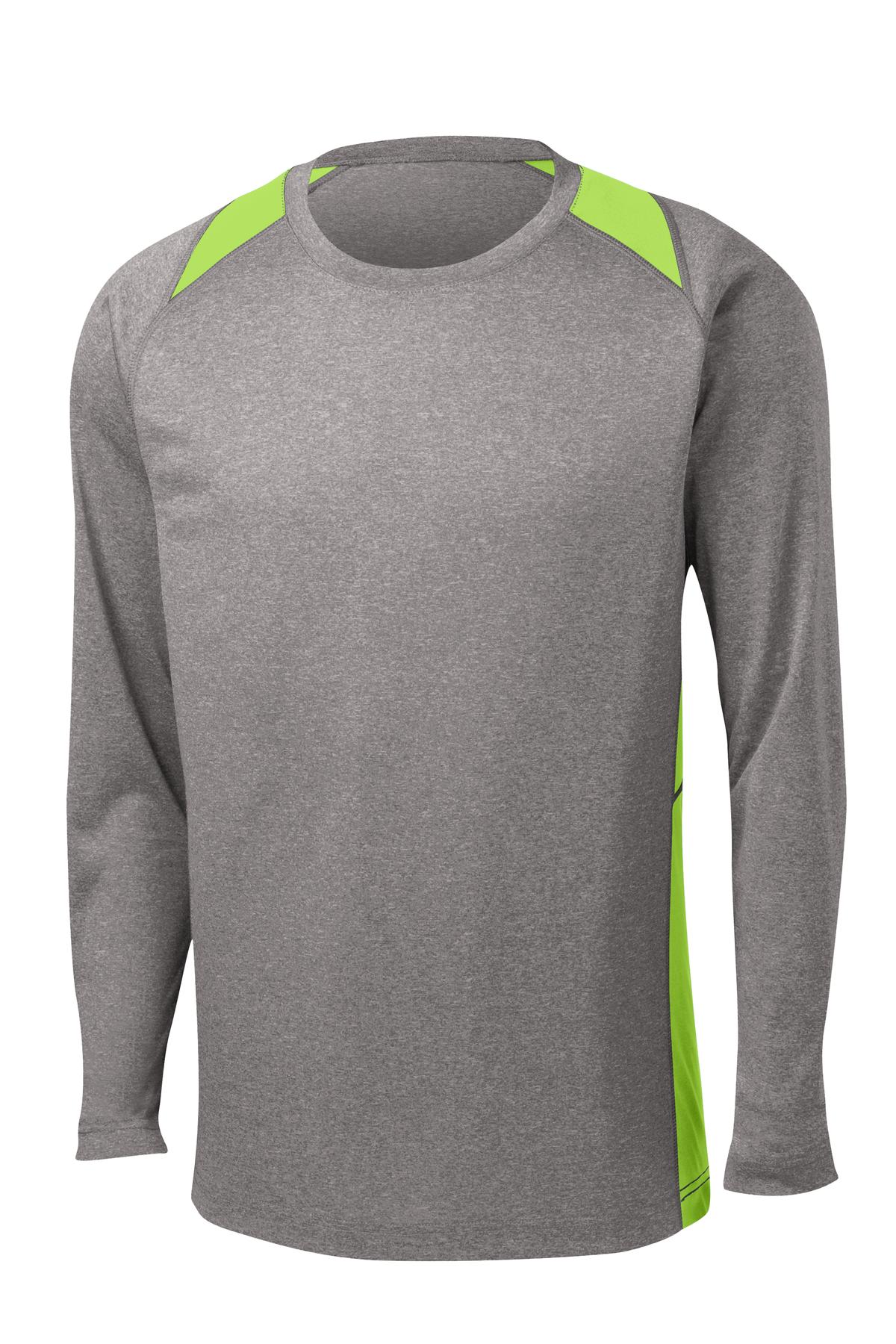 Sport-Tek Long Sleeve Heather Colorblock Contender Tee - Vintage Heather/ Lime Shock