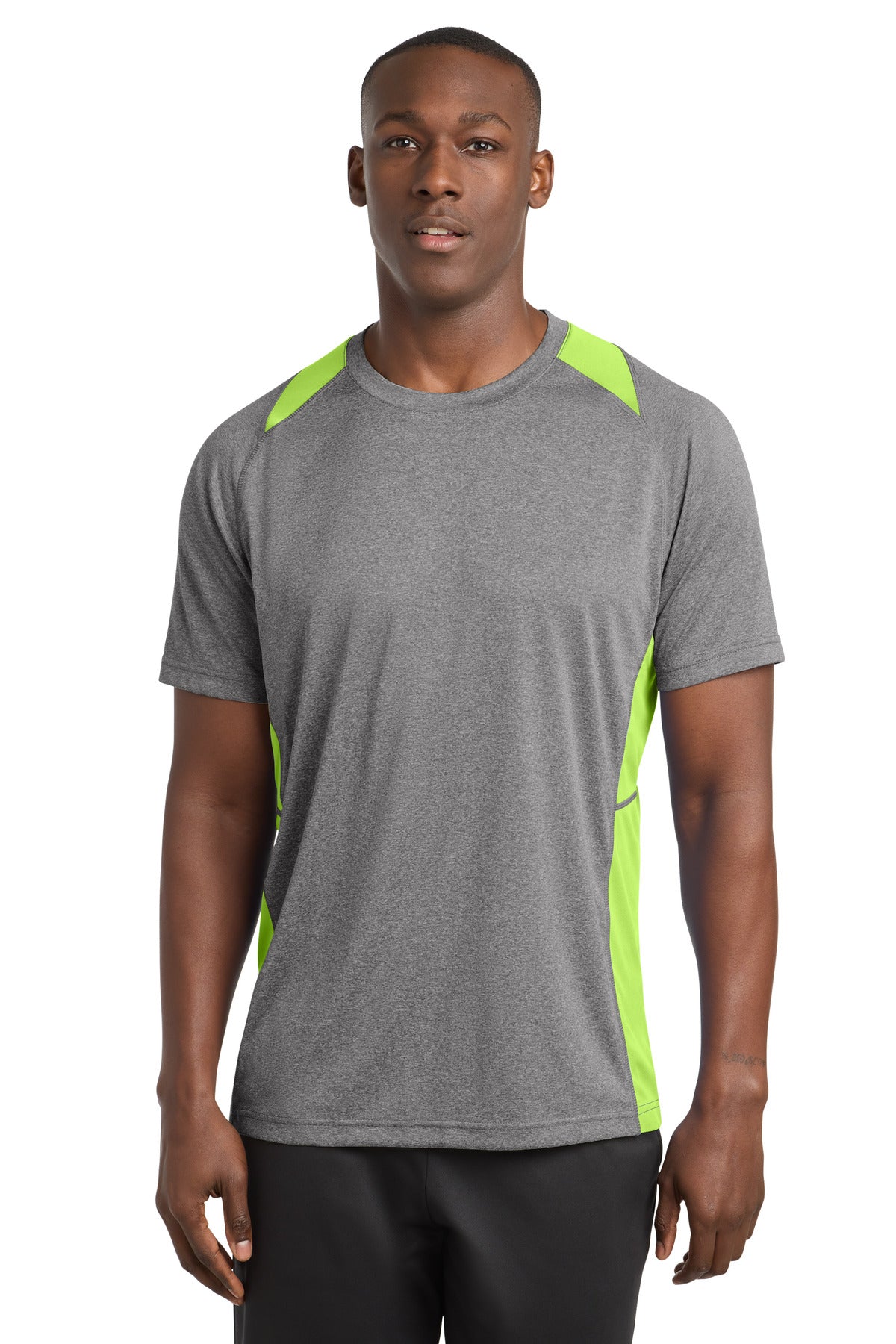 Sport-Tek Heather Colorblock Contender Tee - Vintage Heather/ Lime Shock