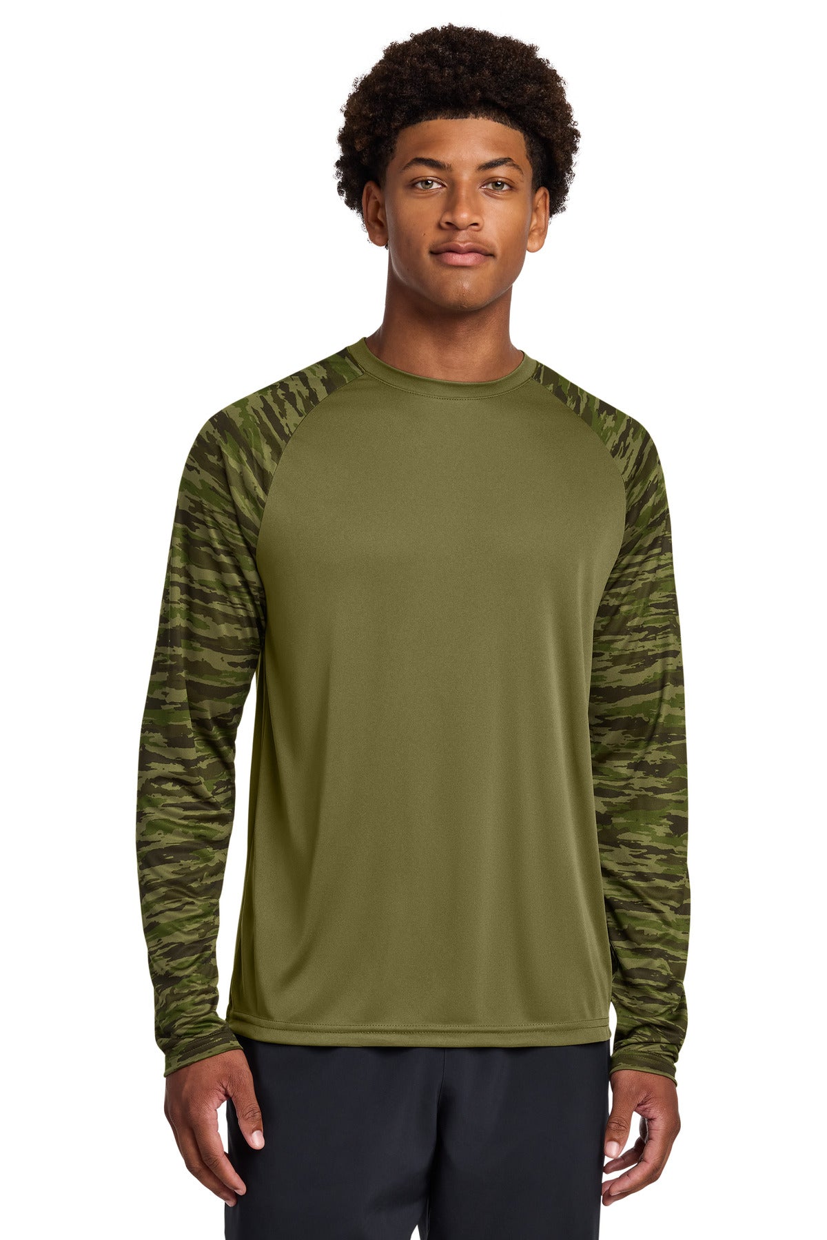 Sport-Tek Drift Camo Colorblock Long Sleeve Tee - Olive Drab Green