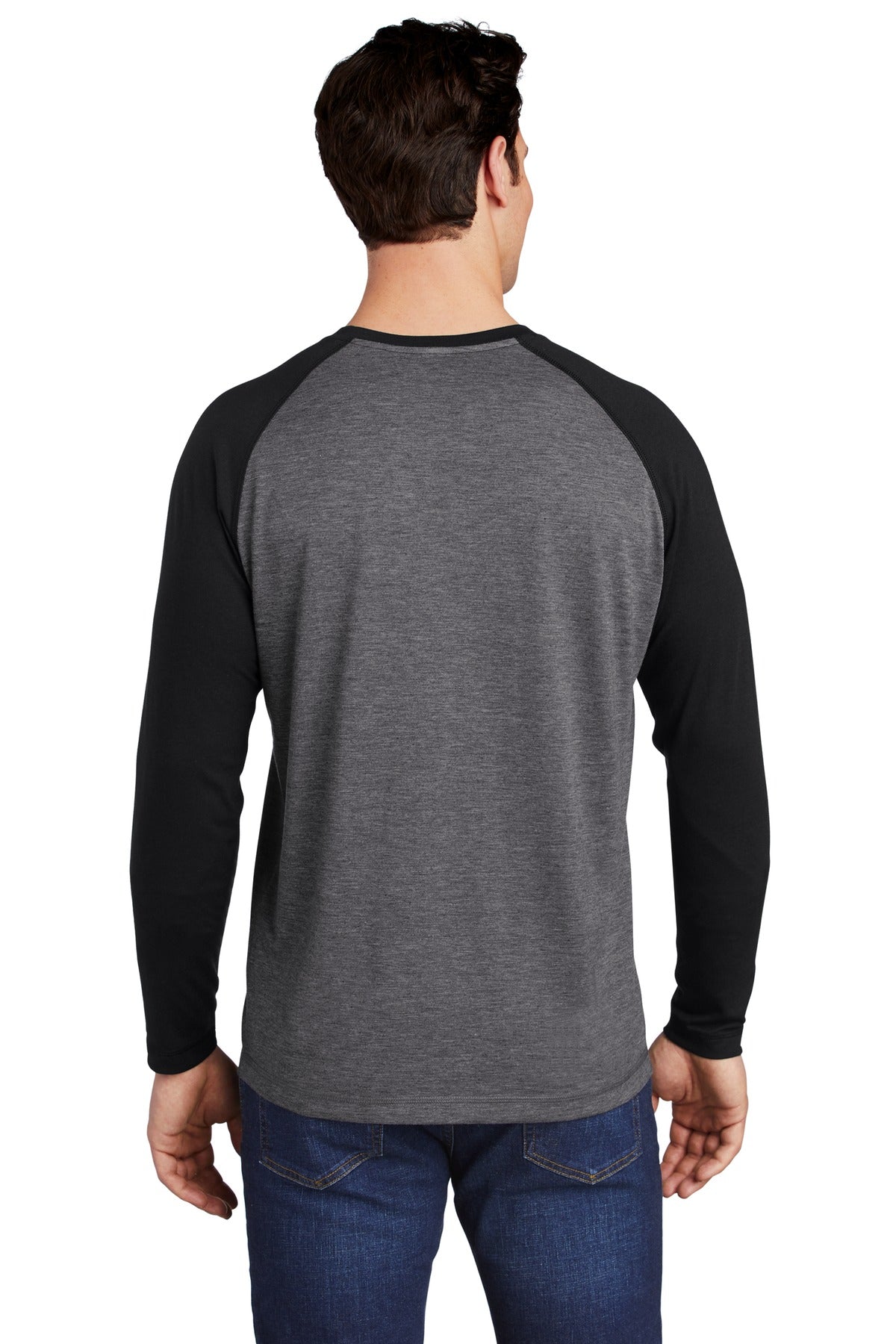 Sport-Tek  PosiCharge  Long Sleeve Tri-Blend Wicking Raglan Tee - Black Triad Solid/ Dark Grey Heather
