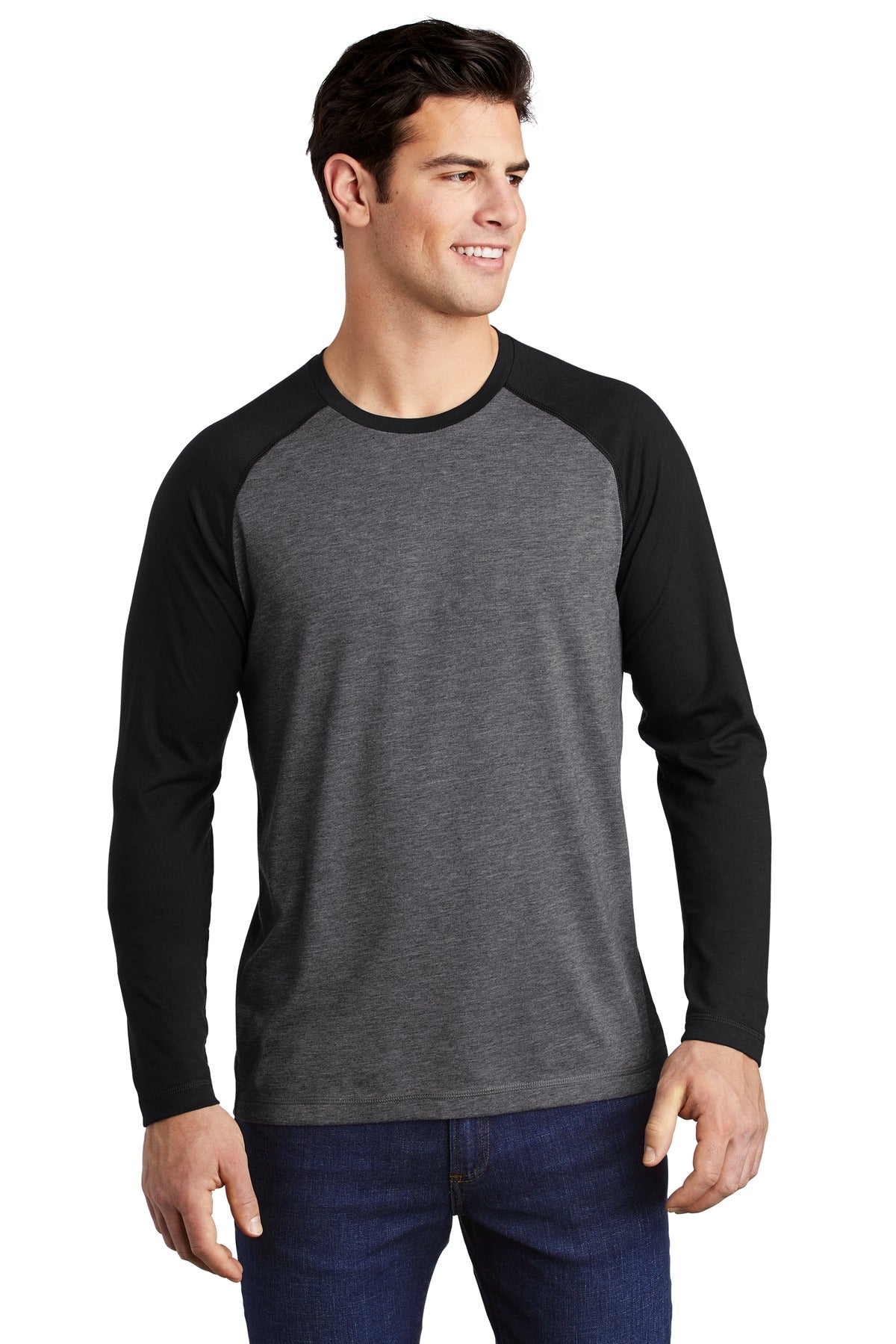 Sport-Tek  PosiCharge  Long Sleeve Tri-Blend Wicking Raglan Tee - Black Triad Solid/ Dark Grey Heather