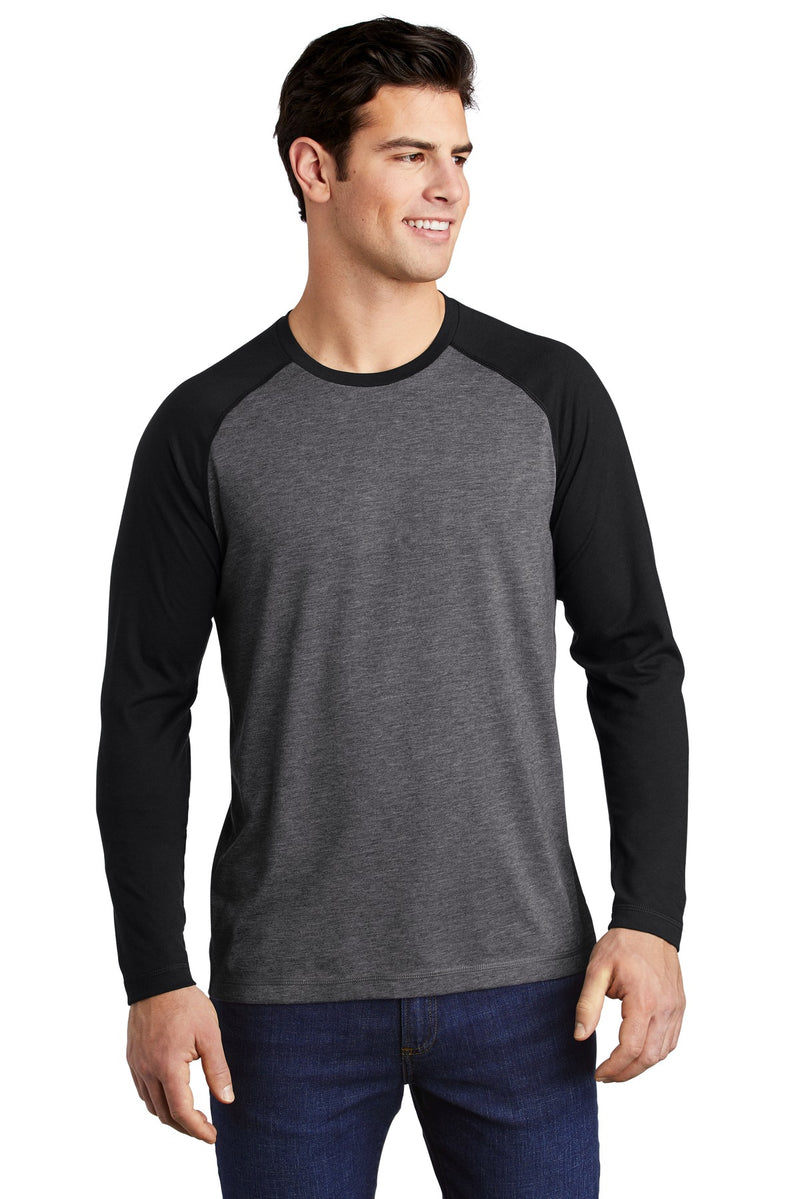 Sport-Tek  PosiCharge  Long Sleeve Tri-Blend Wicking Raglan Tee - Black Triad Solid/ Dark Grey Heather