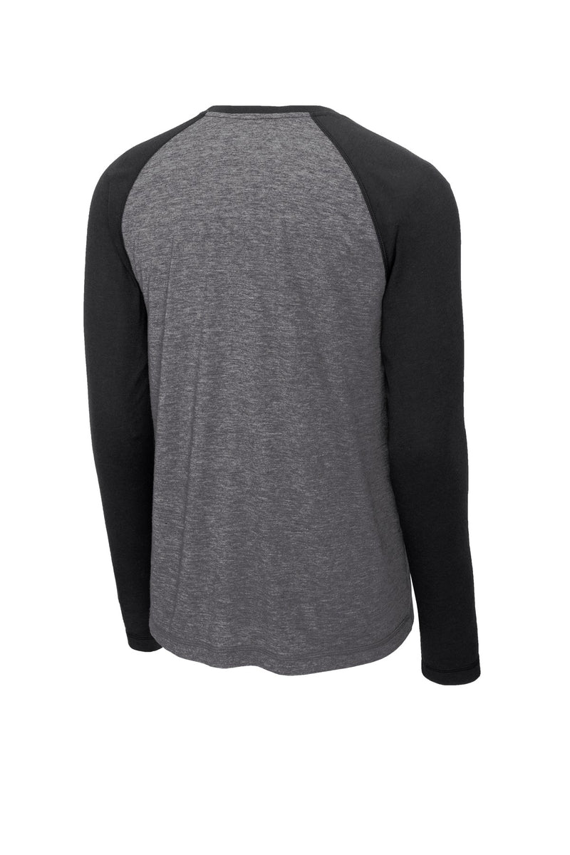 Sport-Tek  PosiCharge  Long Sleeve Tri-Blend Wicking Raglan Tee - Black Triad Solid/ Dark Grey Heather