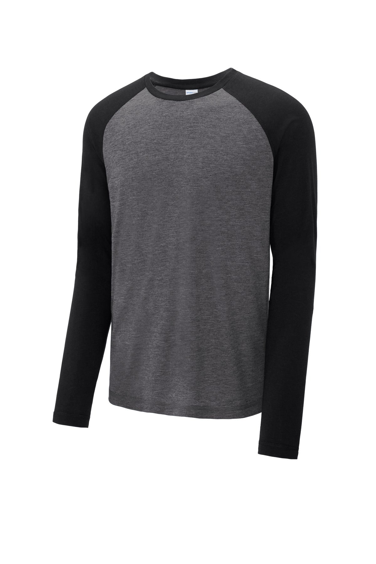 Sport-Tek  PosiCharge  Long Sleeve Tri-Blend Wicking Raglan Tee - Black Triad Solid/ Dark Grey Heather