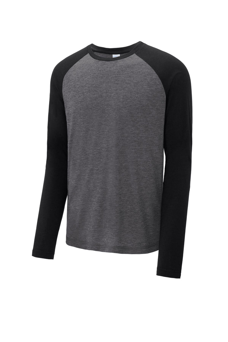 Sport-Tek  PosiCharge  Long Sleeve Tri-Blend Wicking Raglan Tee - Black Triad Solid/ Dark Grey Heather