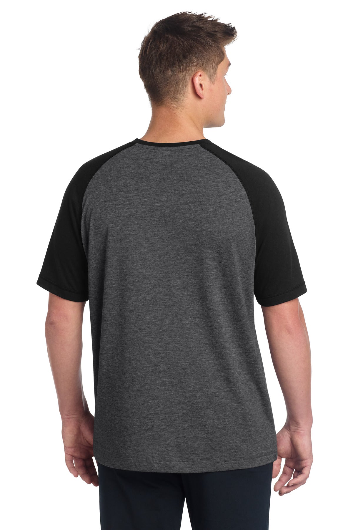 Sport-Tek  PosiCharge  Tri-Blend Wicking Raglan Tee - Black Triad Solid/ Dark Grey Heather