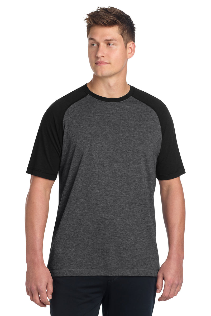 Sport-Tek  PosiCharge  Tri-Blend Wicking Raglan Tee - Black Triad Solid/ Dark Grey Heather