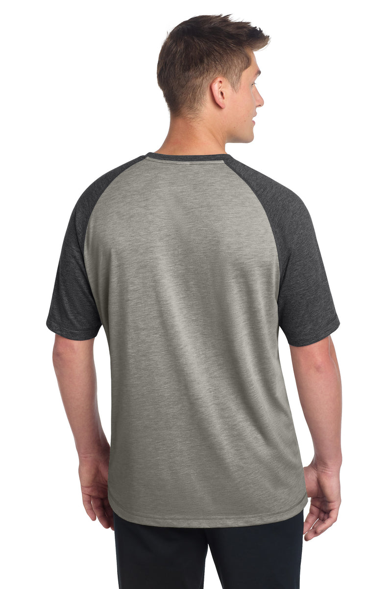 Sport-Tek  PosiCharge  Tri-Blend Wicking Raglan Tee - Dark Grey Heather/ Light Grey Heather