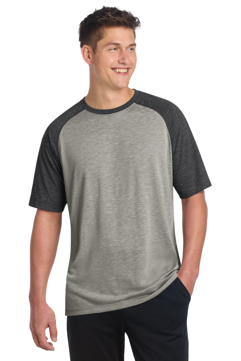Sport-Tek  PosiCharge  Tri-Blend Wicking Raglan Tee - Dark Grey Heather/ Light Grey Heather
