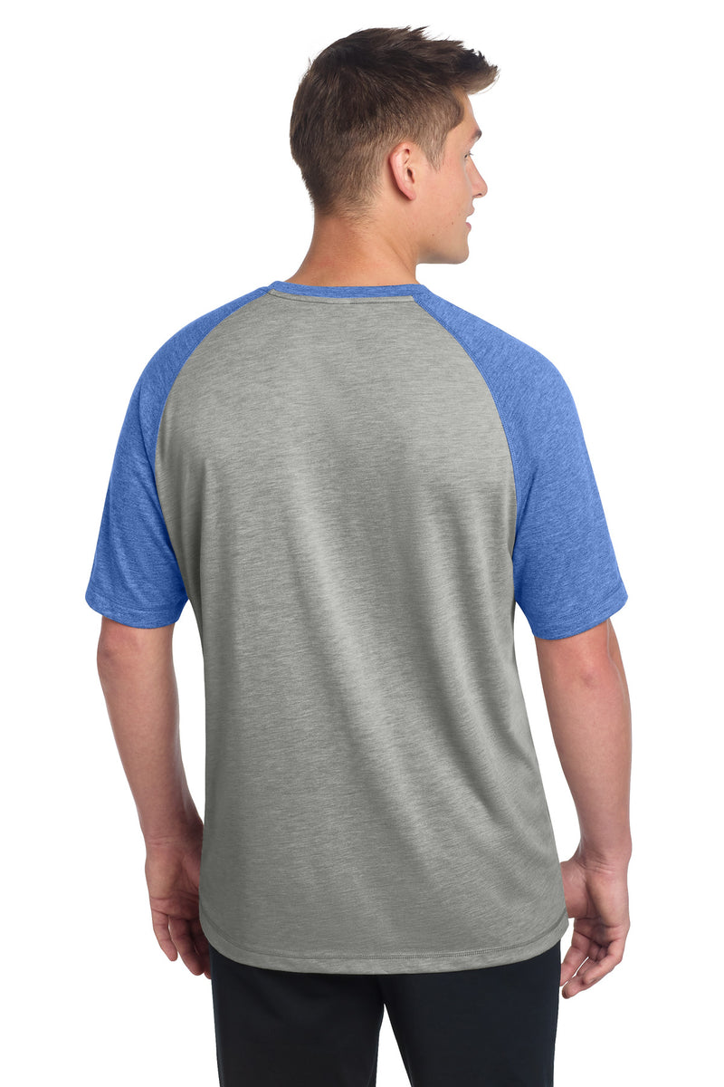 Sport-Tek  PosiCharge  Tri-Blend Wicking Raglan Tee - True Royal Heather/ Light Grey Heather
