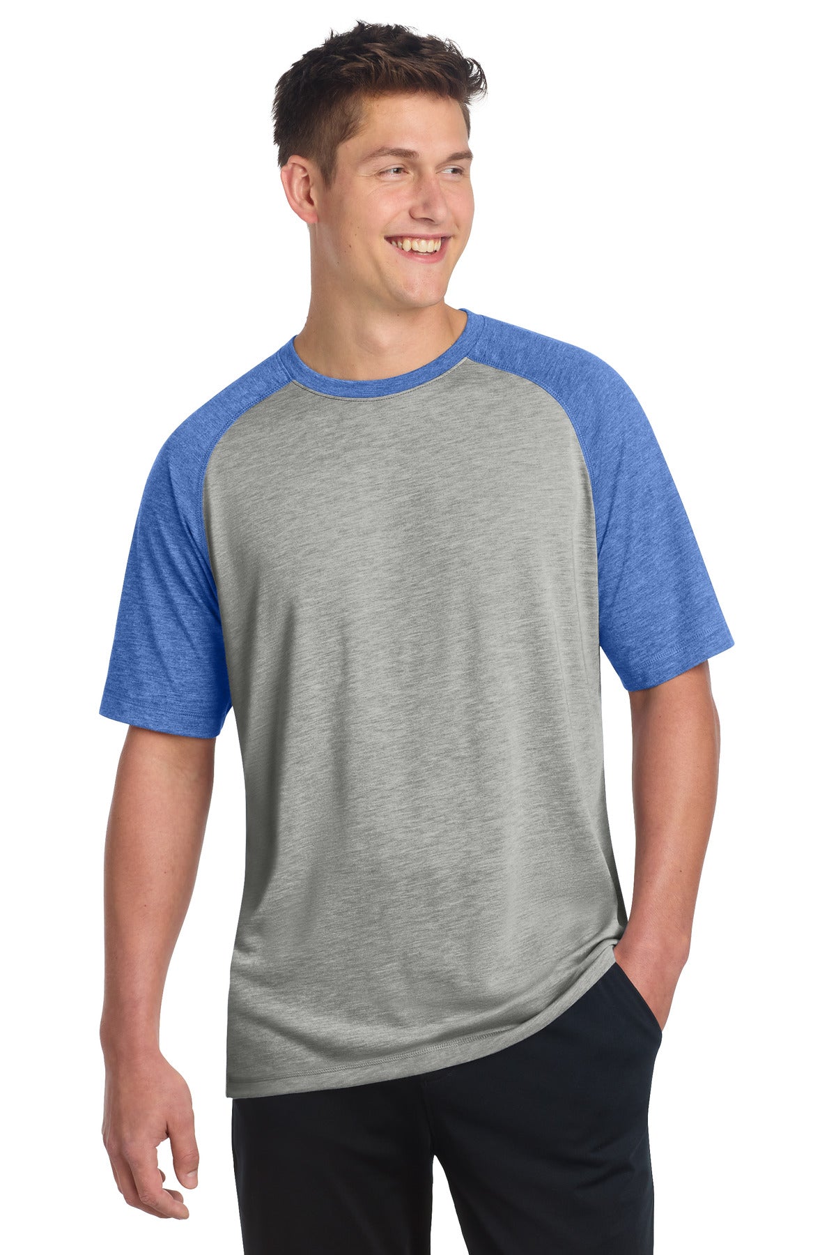 Sport-Tek  PosiCharge  Tri-Blend Wicking Raglan Tee - True Royal Heather/ Light Grey Heather