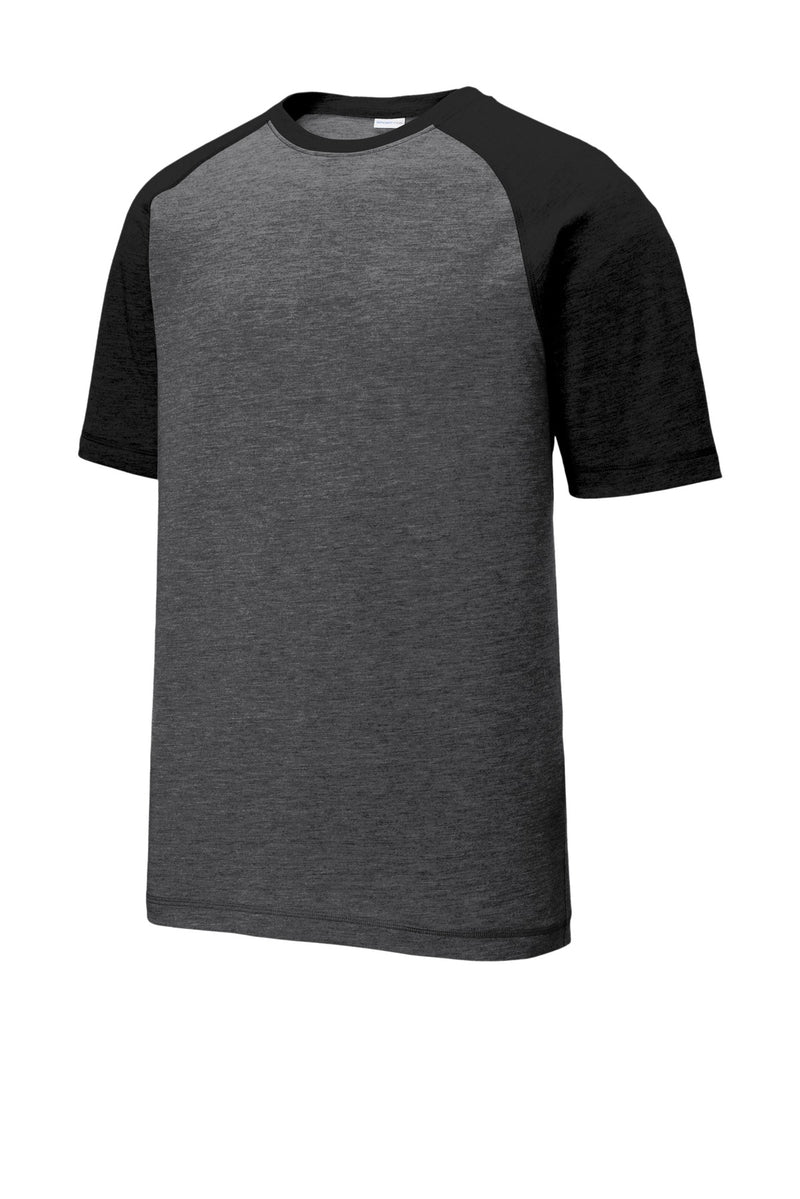 Sport-Tek  PosiCharge  Tri-Blend Wicking Raglan Tee - Black Triad Solid/ Dark Grey Heather