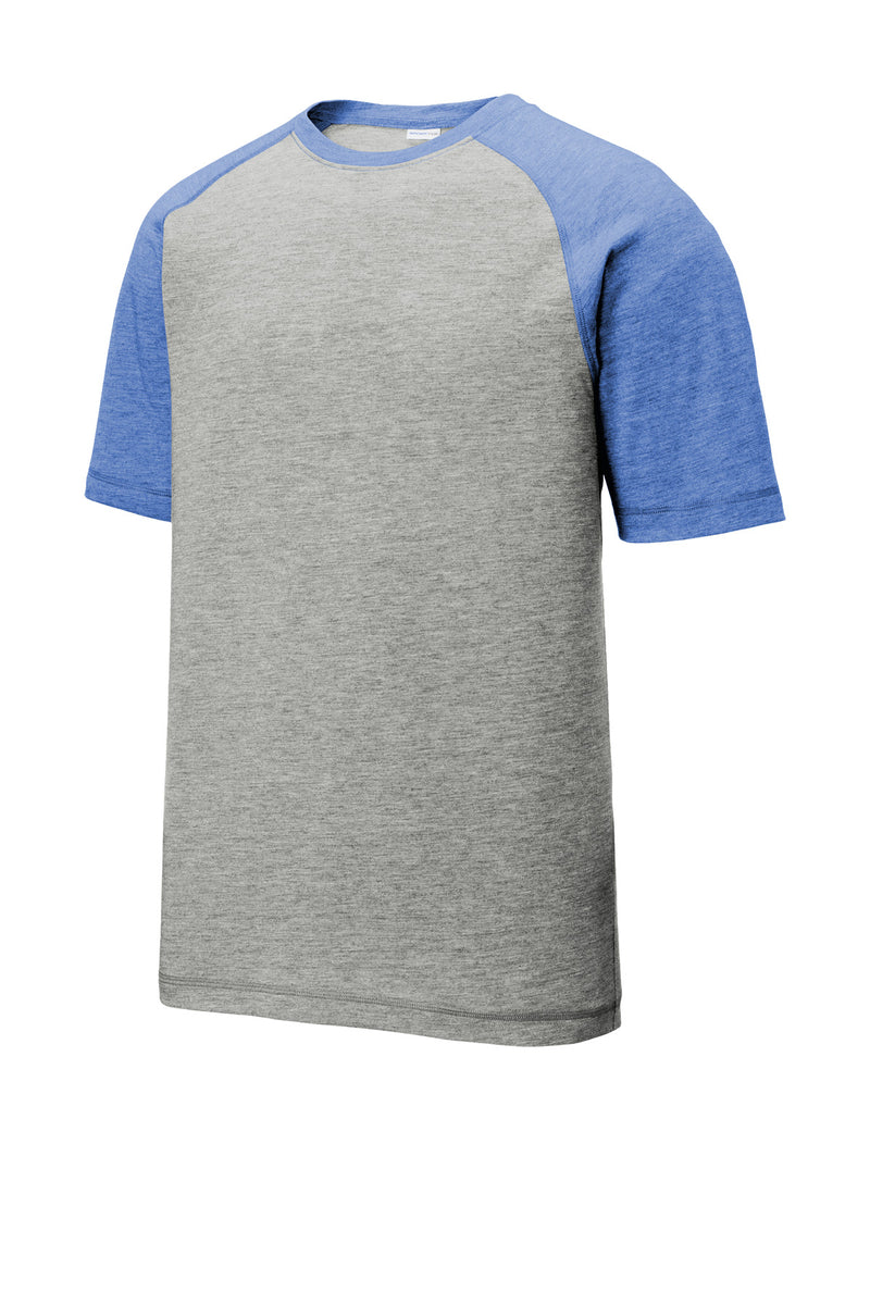 Sport-Tek  PosiCharge  Tri-Blend Wicking Raglan Tee - True Royal Heather/ Light Grey Heather