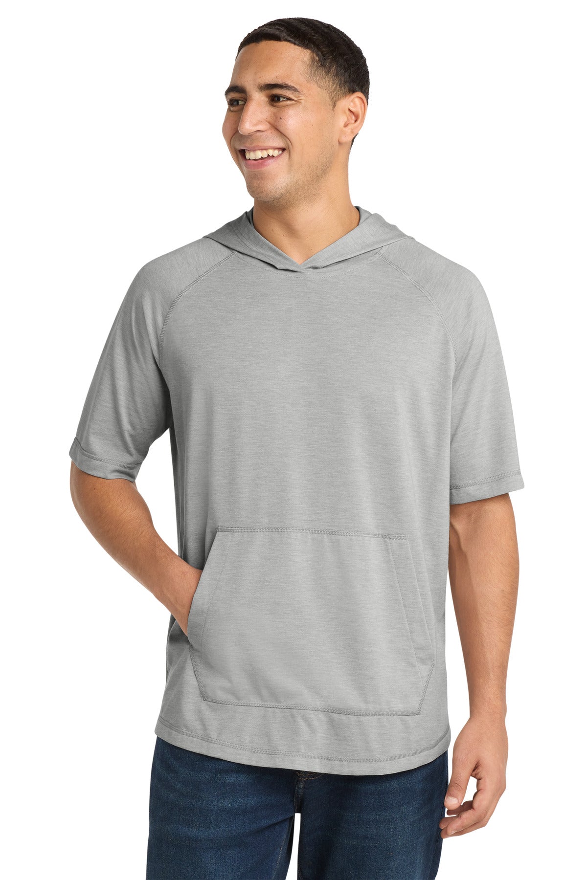 Sport-Tek  PosiCharge  Tri-Blend Wicking Short Sleeve Hoodie - Light Grey Heather