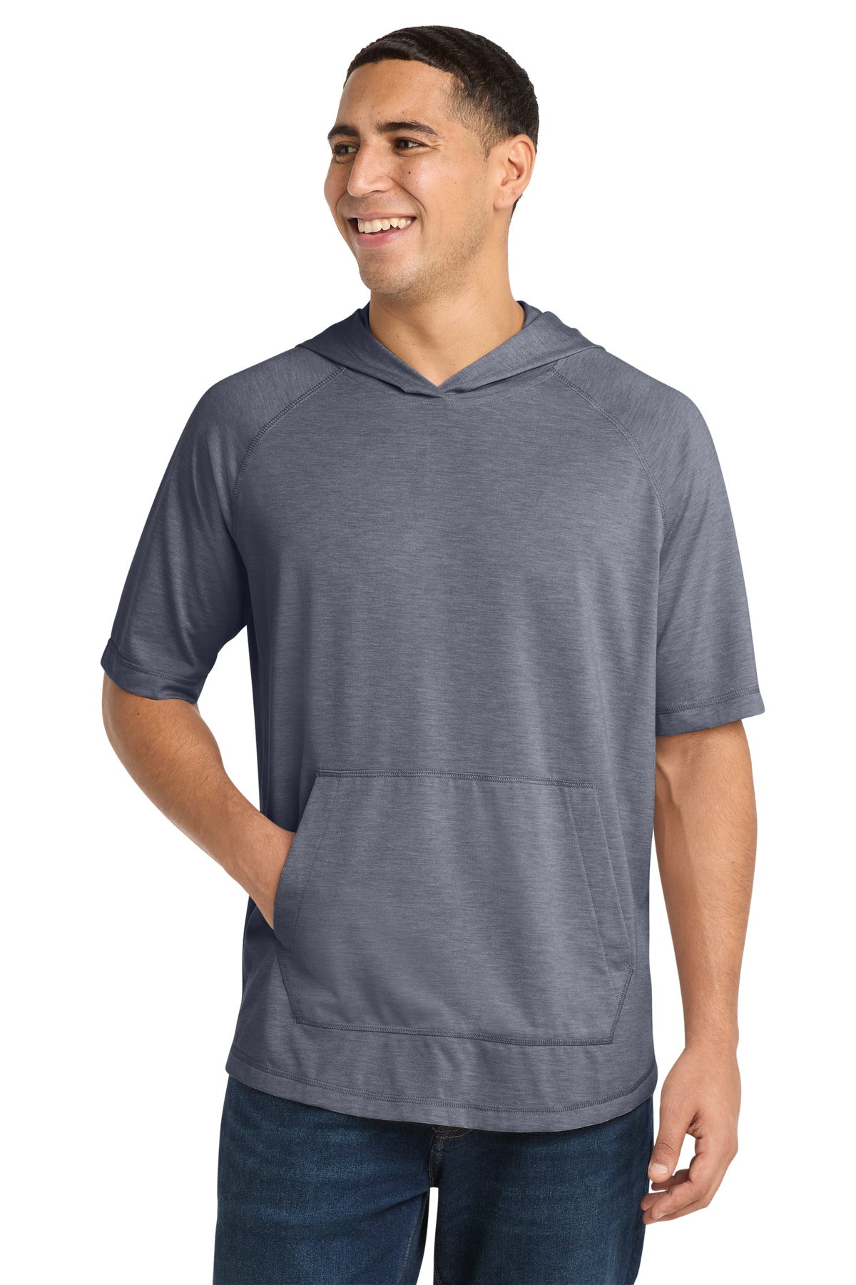 Sport-Tek  PosiCharge  Tri-Blend Wicking Short Sleeve Hoodie - True Navy Heather