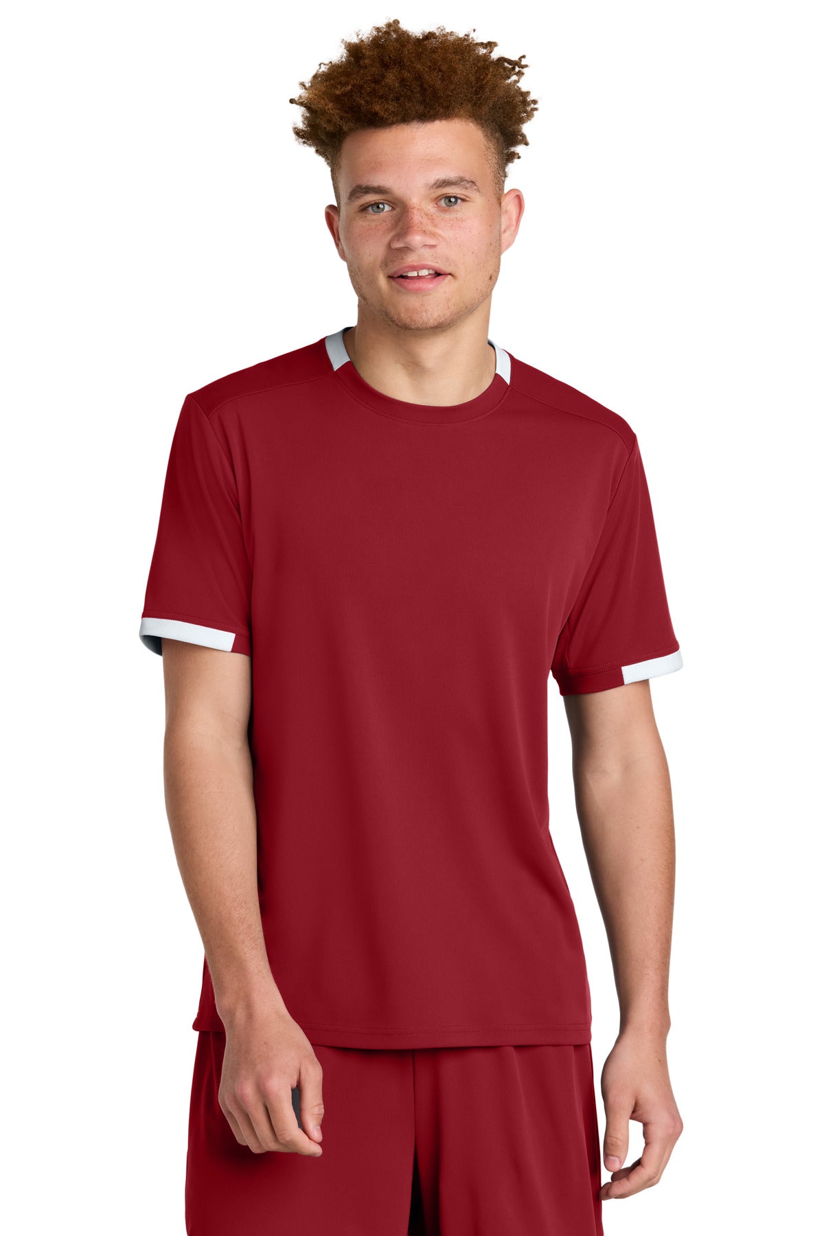 Sport-Tek Club Short Sleeve Crew - Deep Red/ White