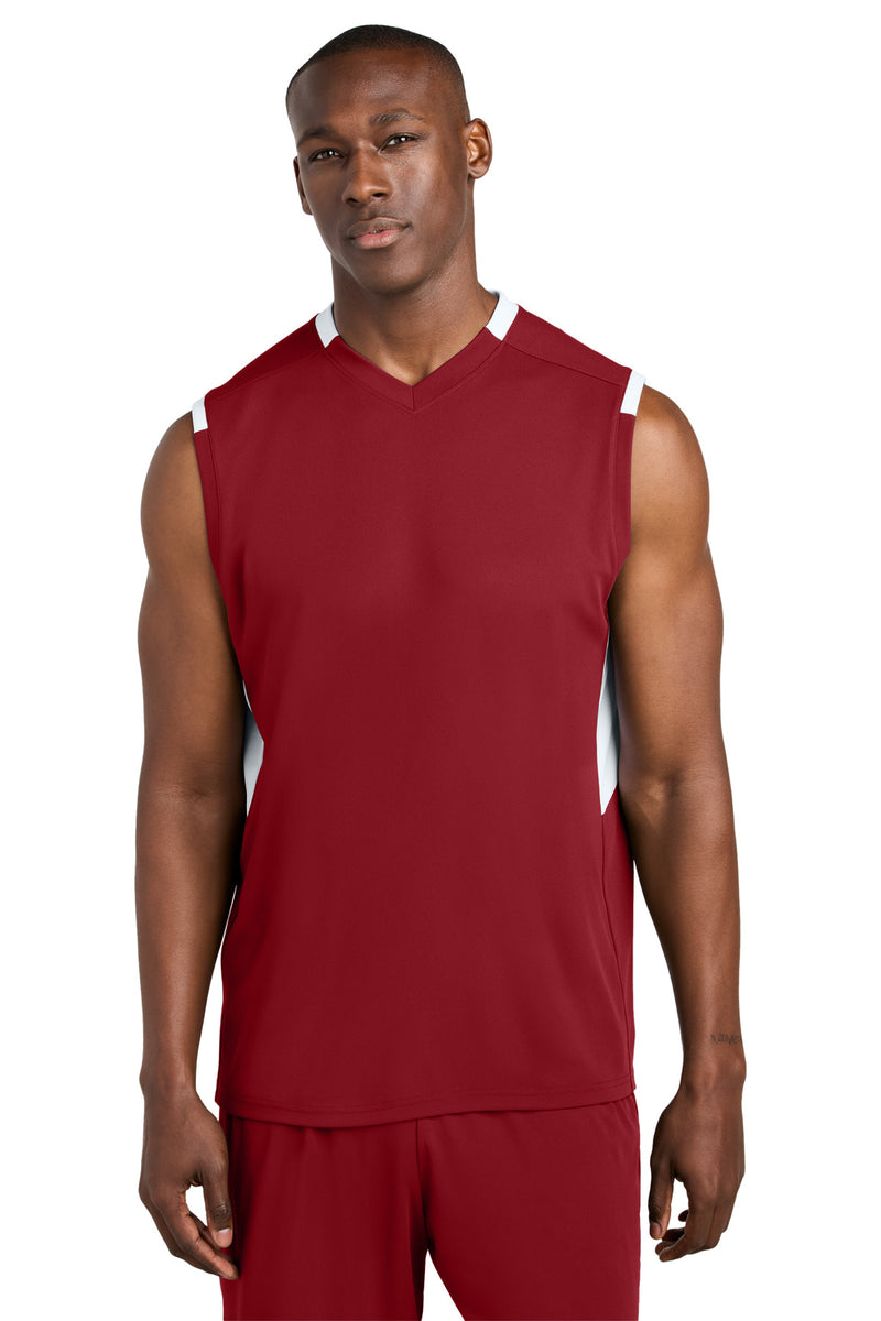 Sport-Tek Club Sleeveless V-Neck - Deep Red/ White