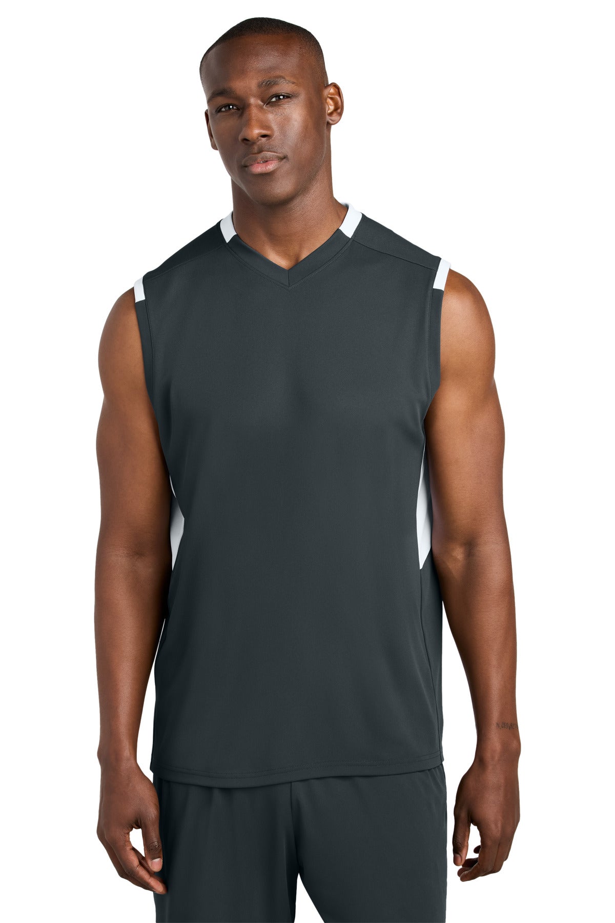 Sport-Tek Club Sleeveless V-Neck - Iron Grey/ White
