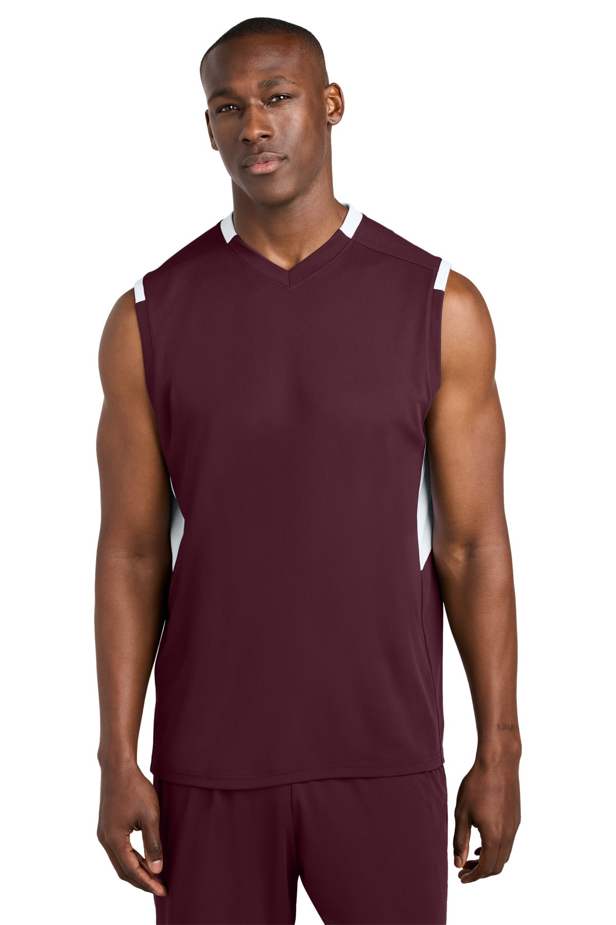 Sport-Tek Club Sleeveless V-Neck - Maroon/ White