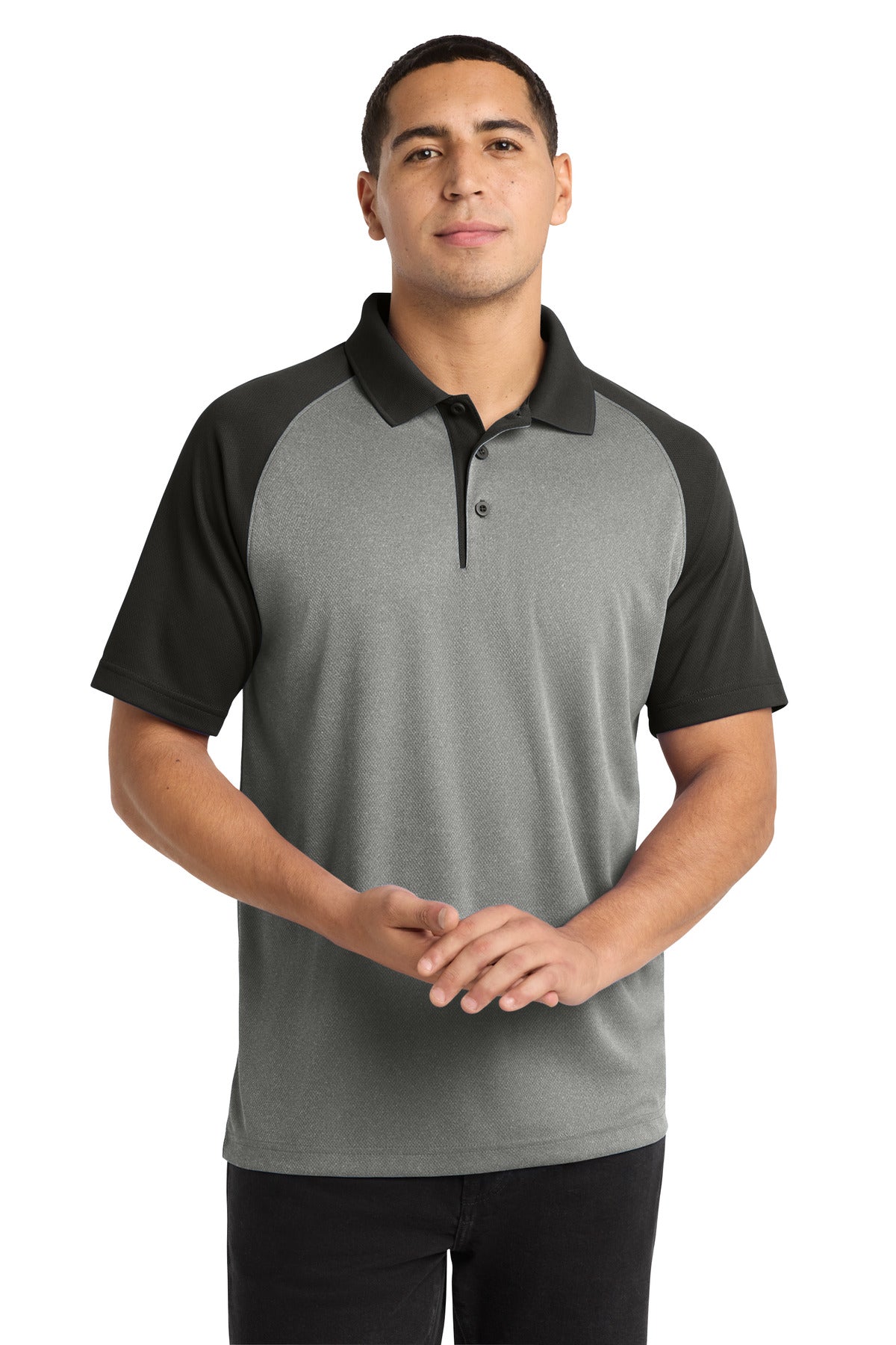 Sport-Tek  PosiCharge  RacerMesh  Raglan Heather Block Polo - Grey Heather/ Black