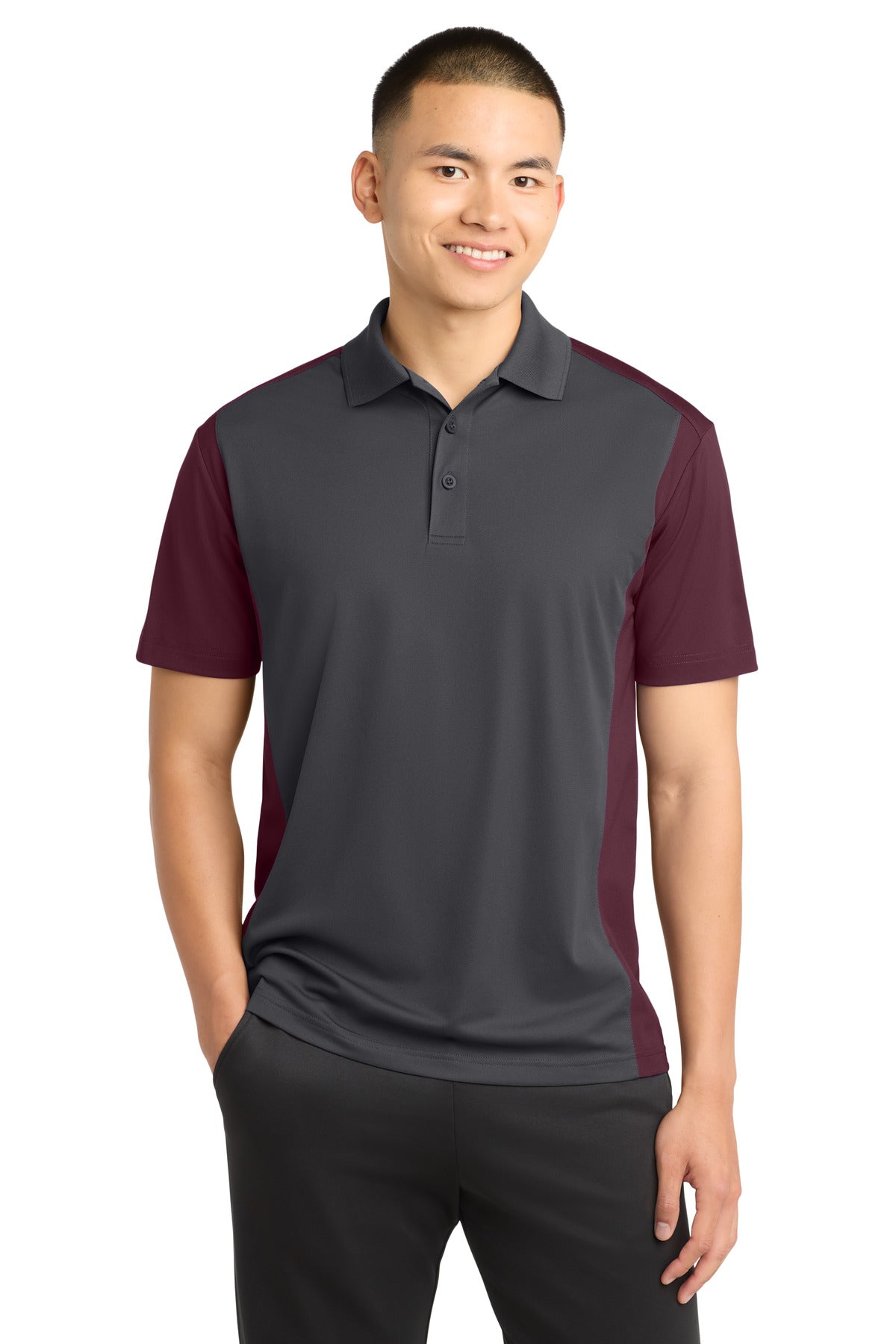 Sport-Tek Colorblock Micropique Sport-Wick Polo - Iron Grey/ Maroon