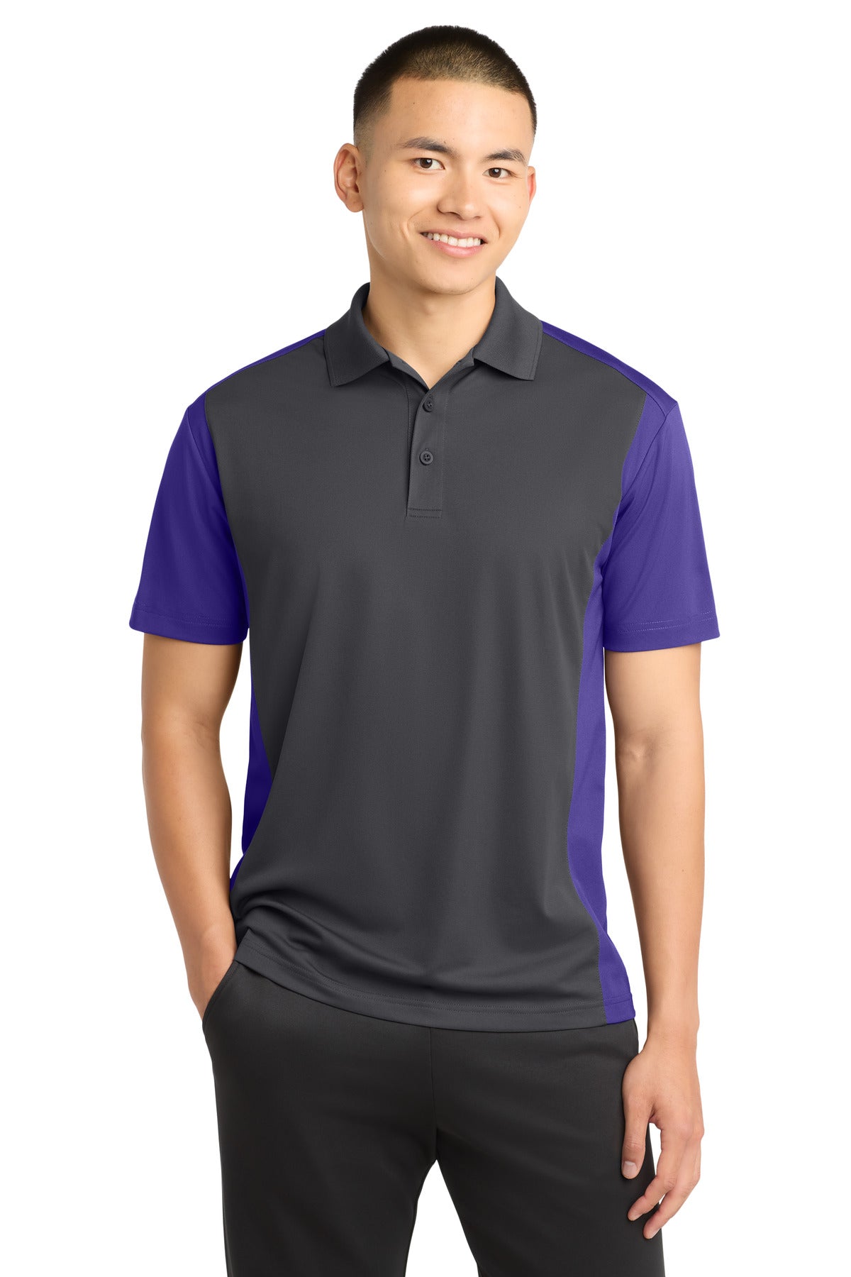 Sport-Tek Colorblock Micropique Sport-Wick Polo - Iron Grey/ Purple