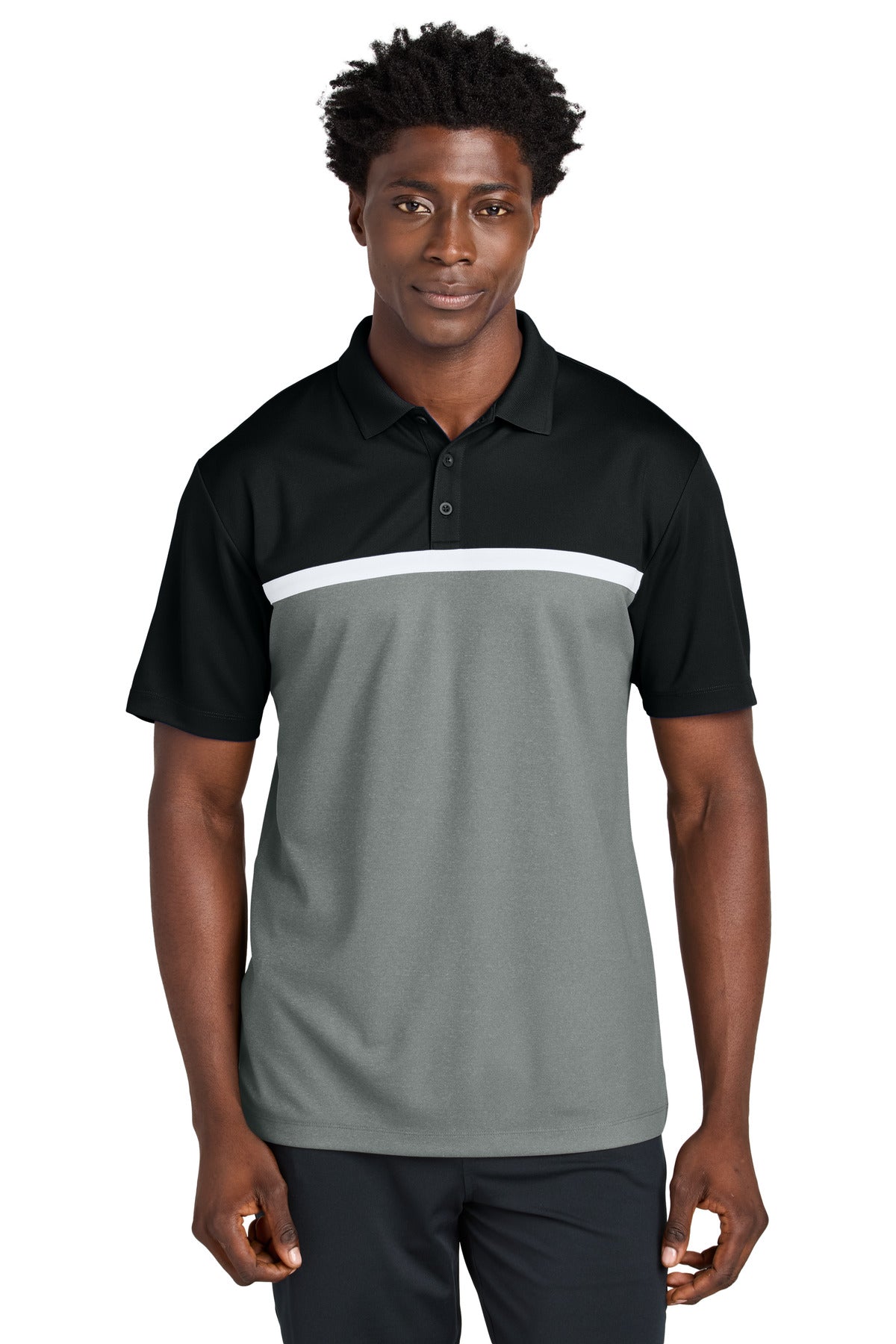 Sport-Tek UV Micropique Colorblock Polo - Black/ Grey Concrete Heather/ White