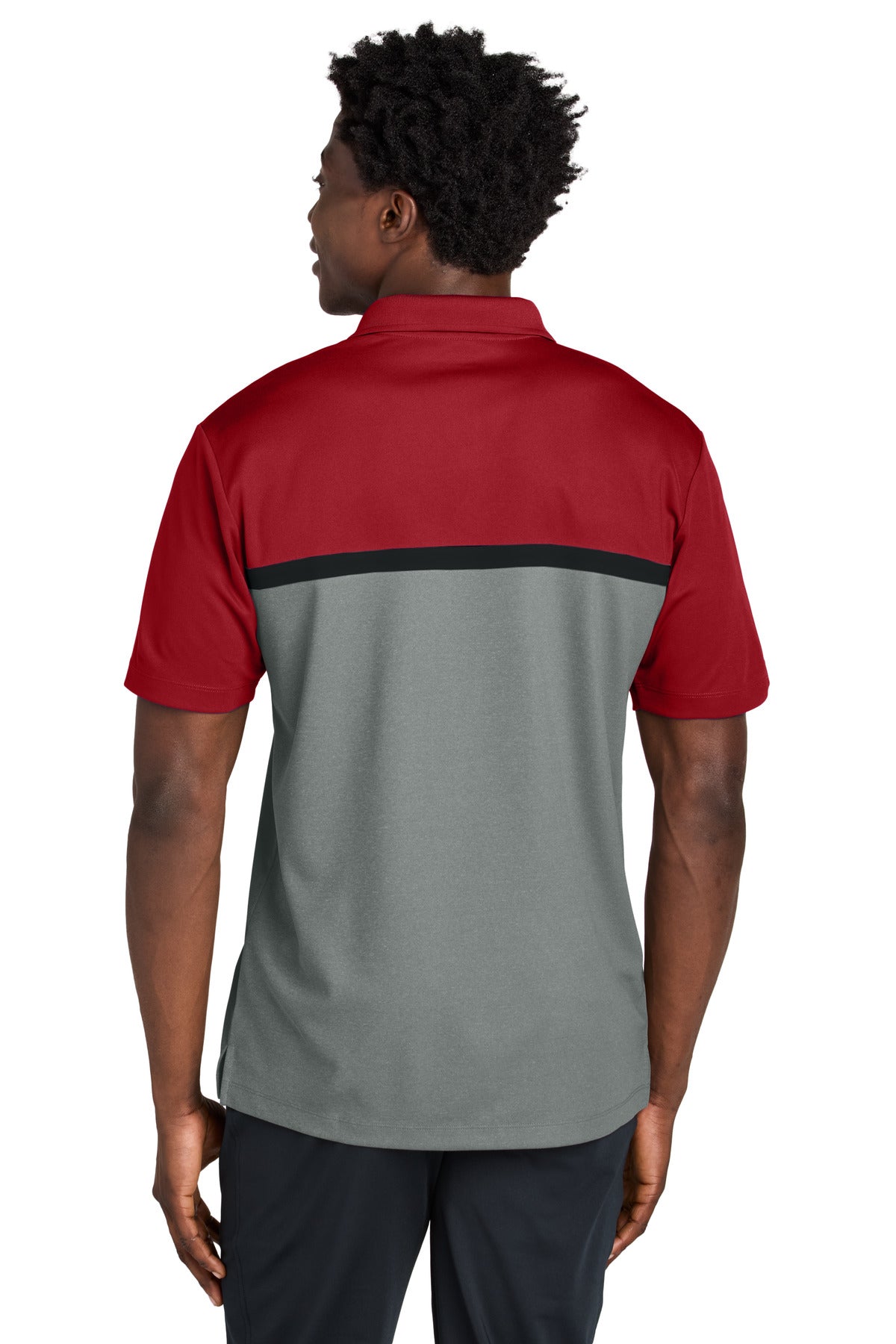 Sport-Tek UV Micropique Colorblock Polo - Deep Red/ Grey Concrete Heather/ Black