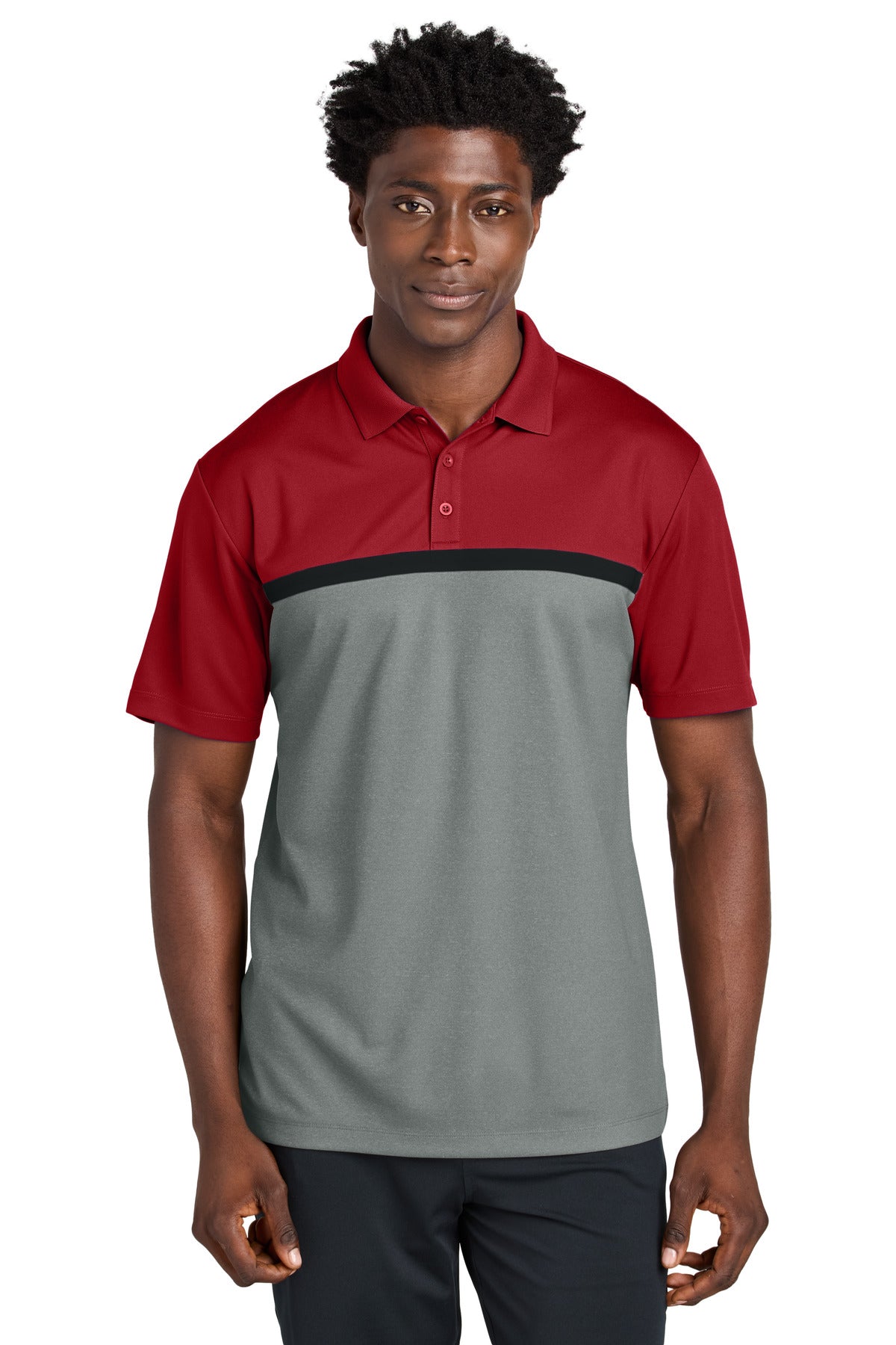 Sport-Tek UV Micropique Colorblock Polo - Deep Red/ Grey Concrete Heather/ Black