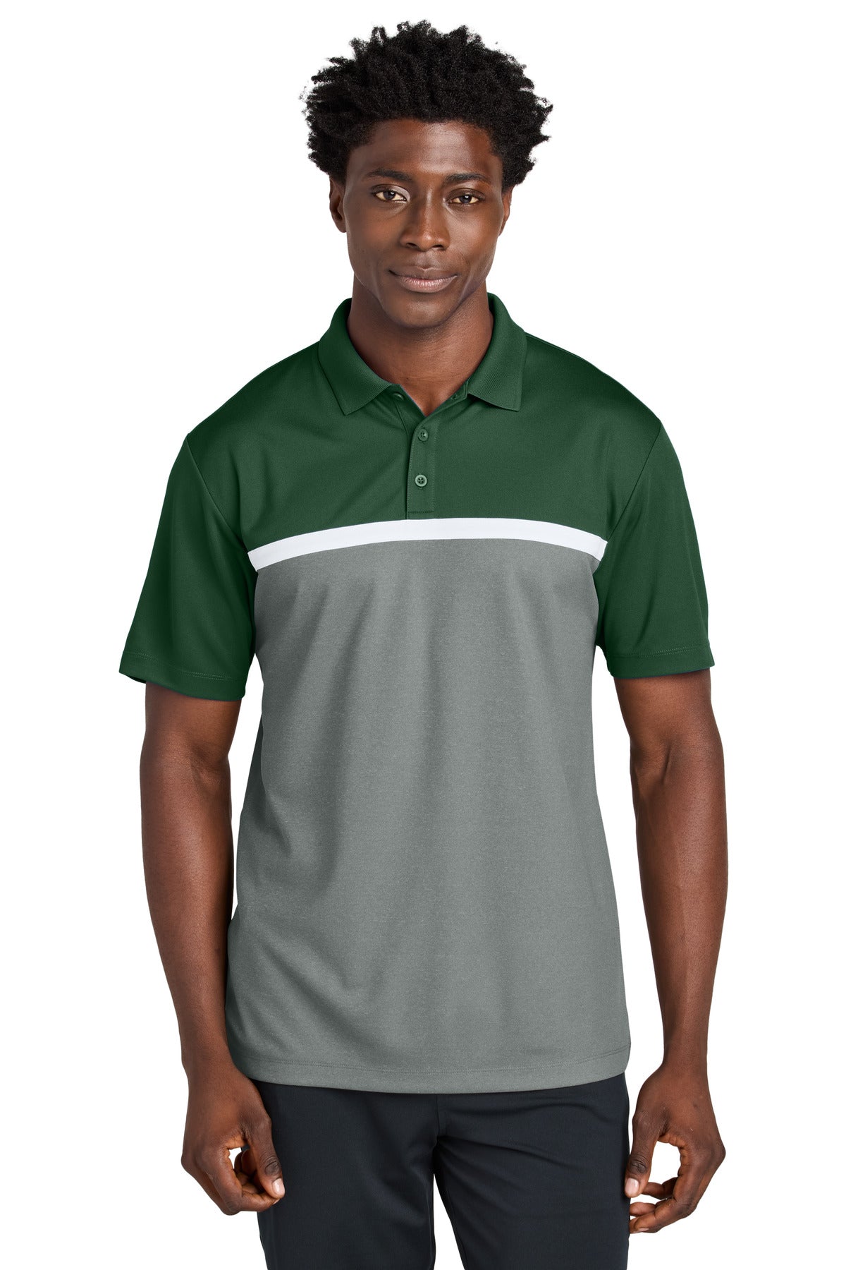 Sport-Tek UV Micropique Colorblock Polo - Forest Green/ Grey Concrete Heather/ White
