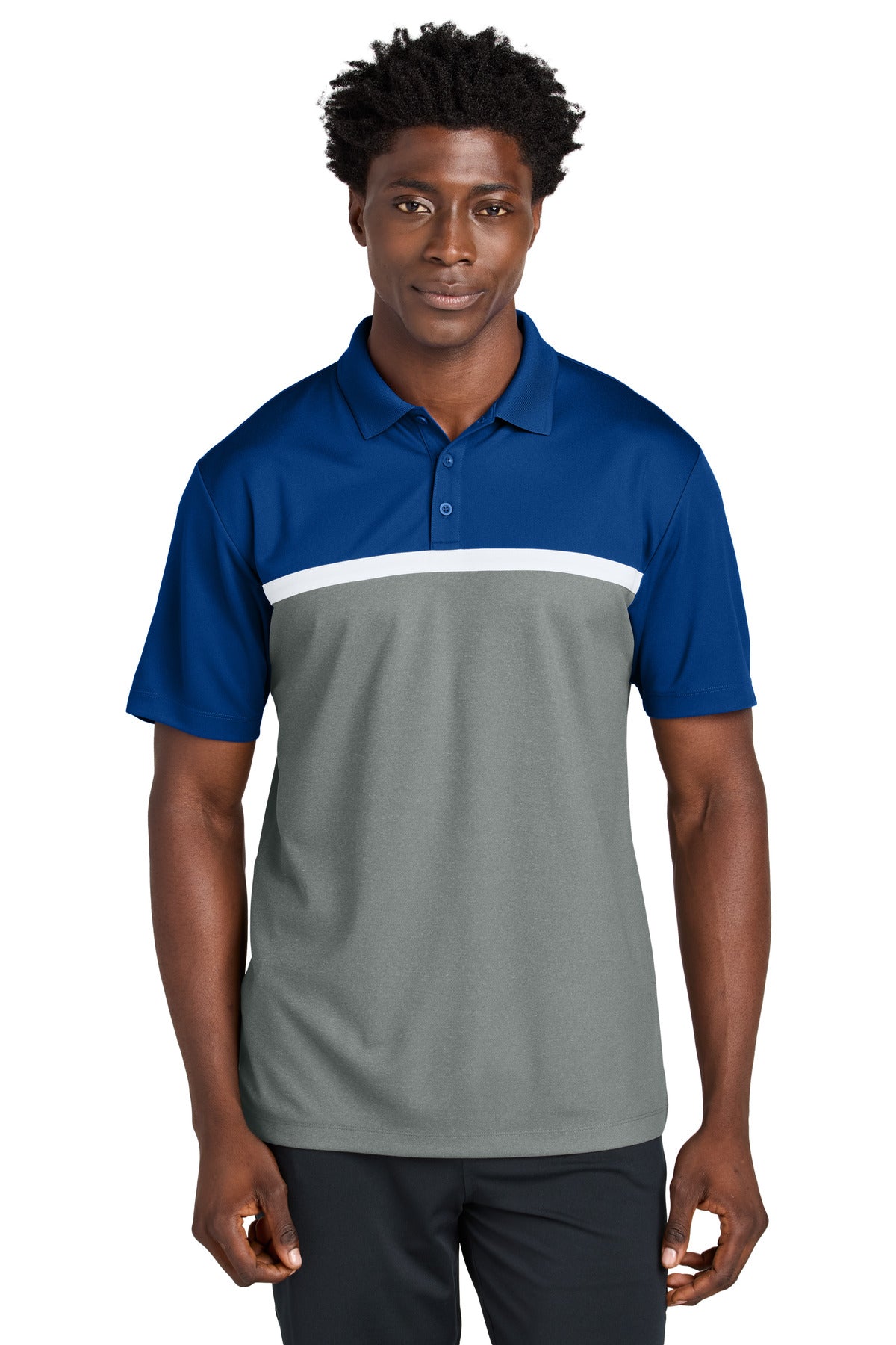 Sport-Tek UV Micropique Colorblock Polo - True Royal/ Grey Concrete Heather/ White