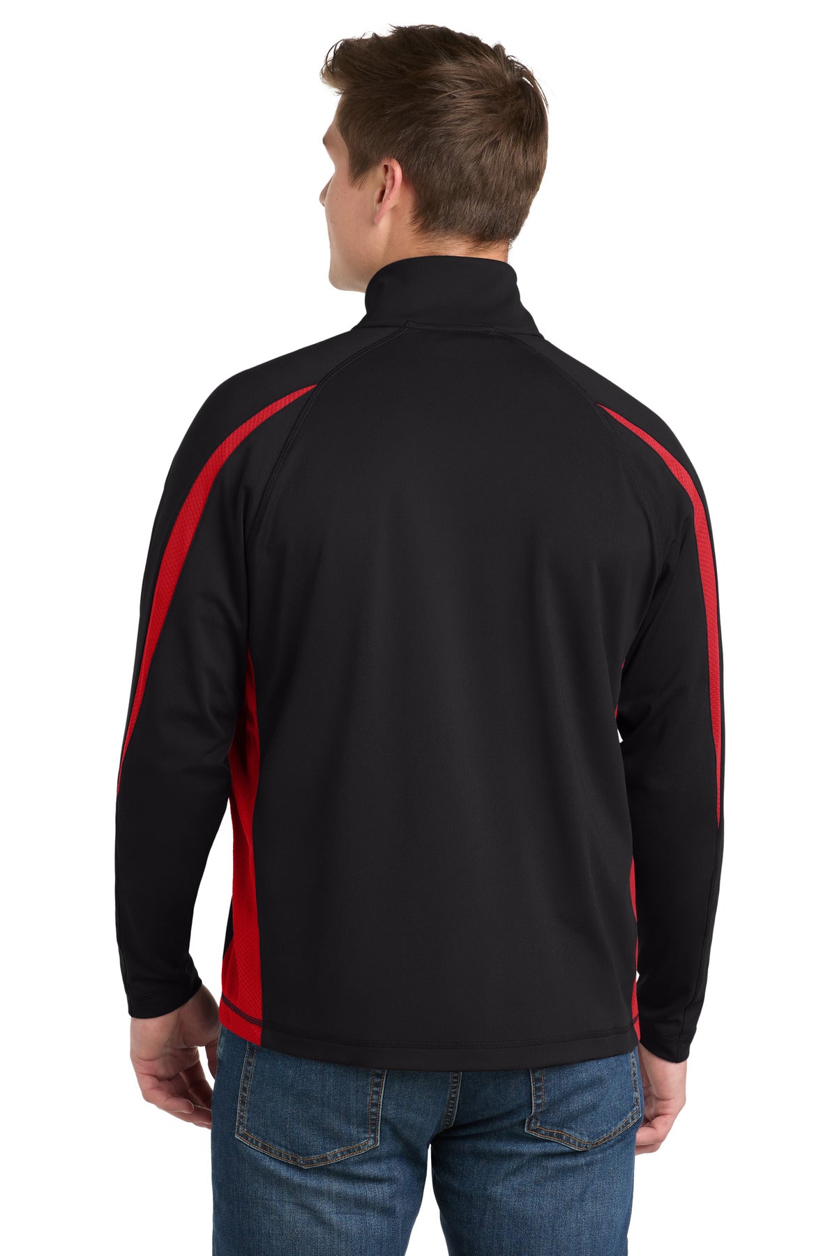 Sport-Tek Sport-Wick Stretch 1/4-Zip Colorblock Pullover - Black/ True Red