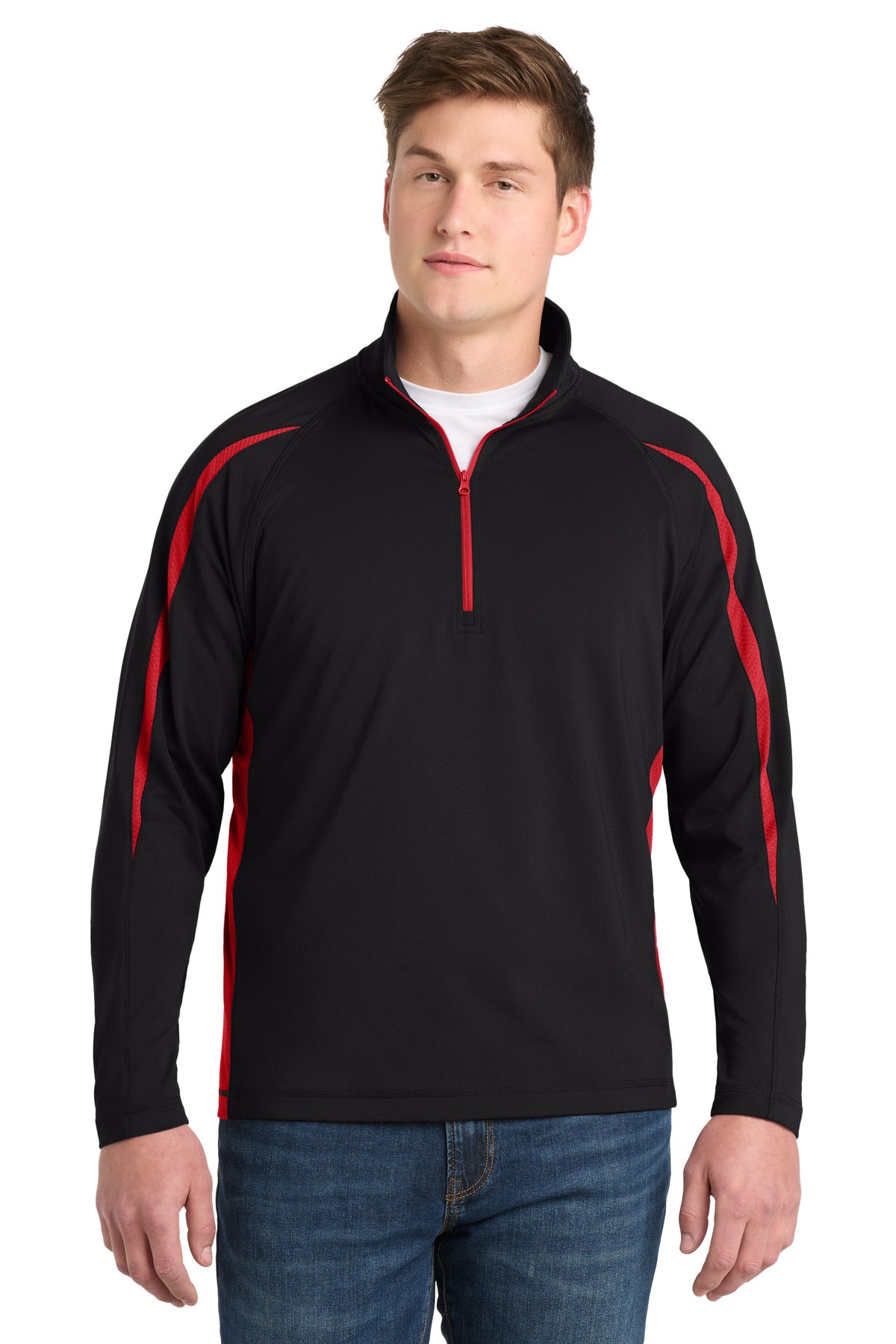 Sport-Tek Sport-Wick Stretch 1/4-Zip Colorblock Pullover - Black/ True Red