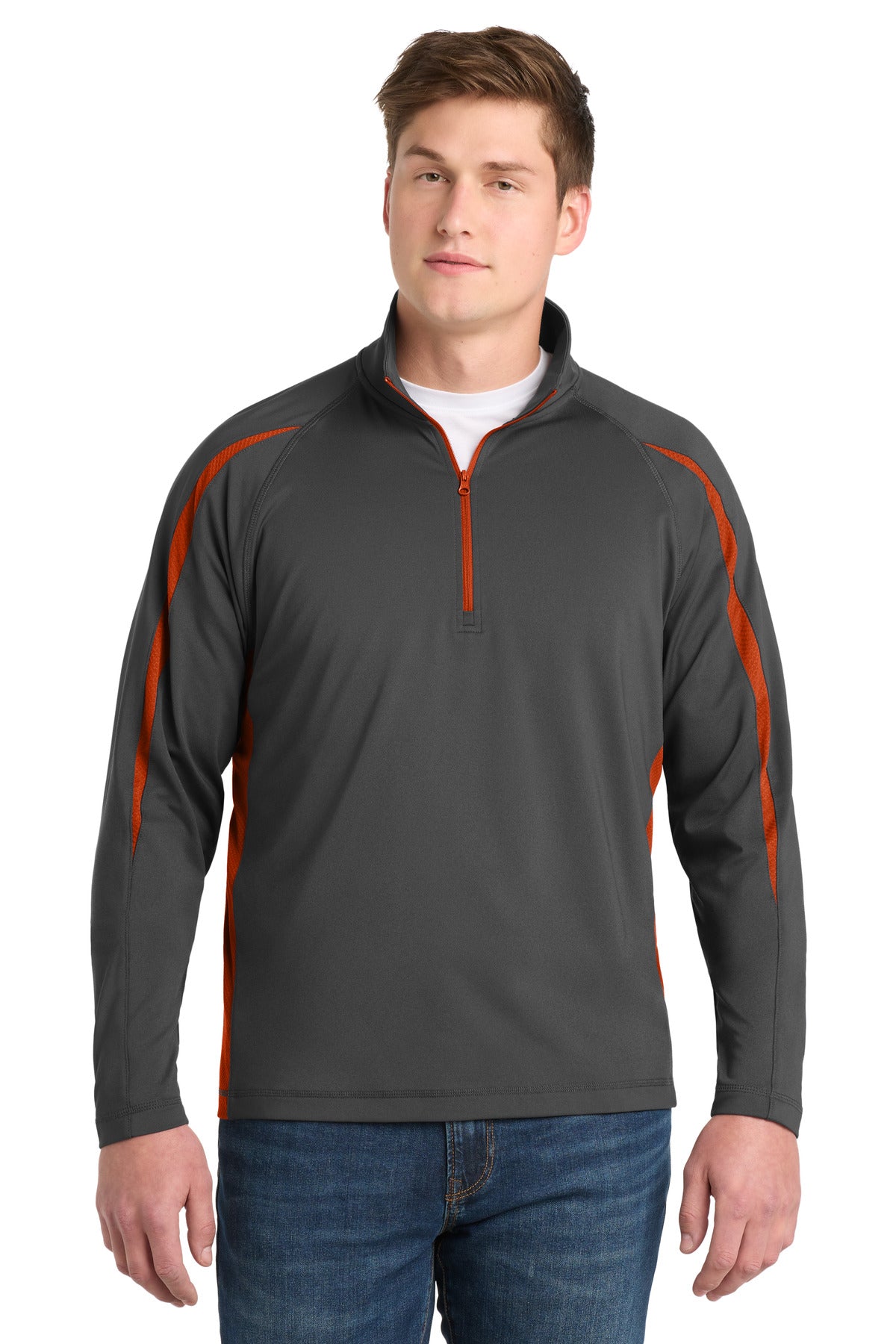 Sport-Tek Sport-Wick Stretch 1/4-Zip Colorblock Pullover - Charcoal Grey/ Deep Orange