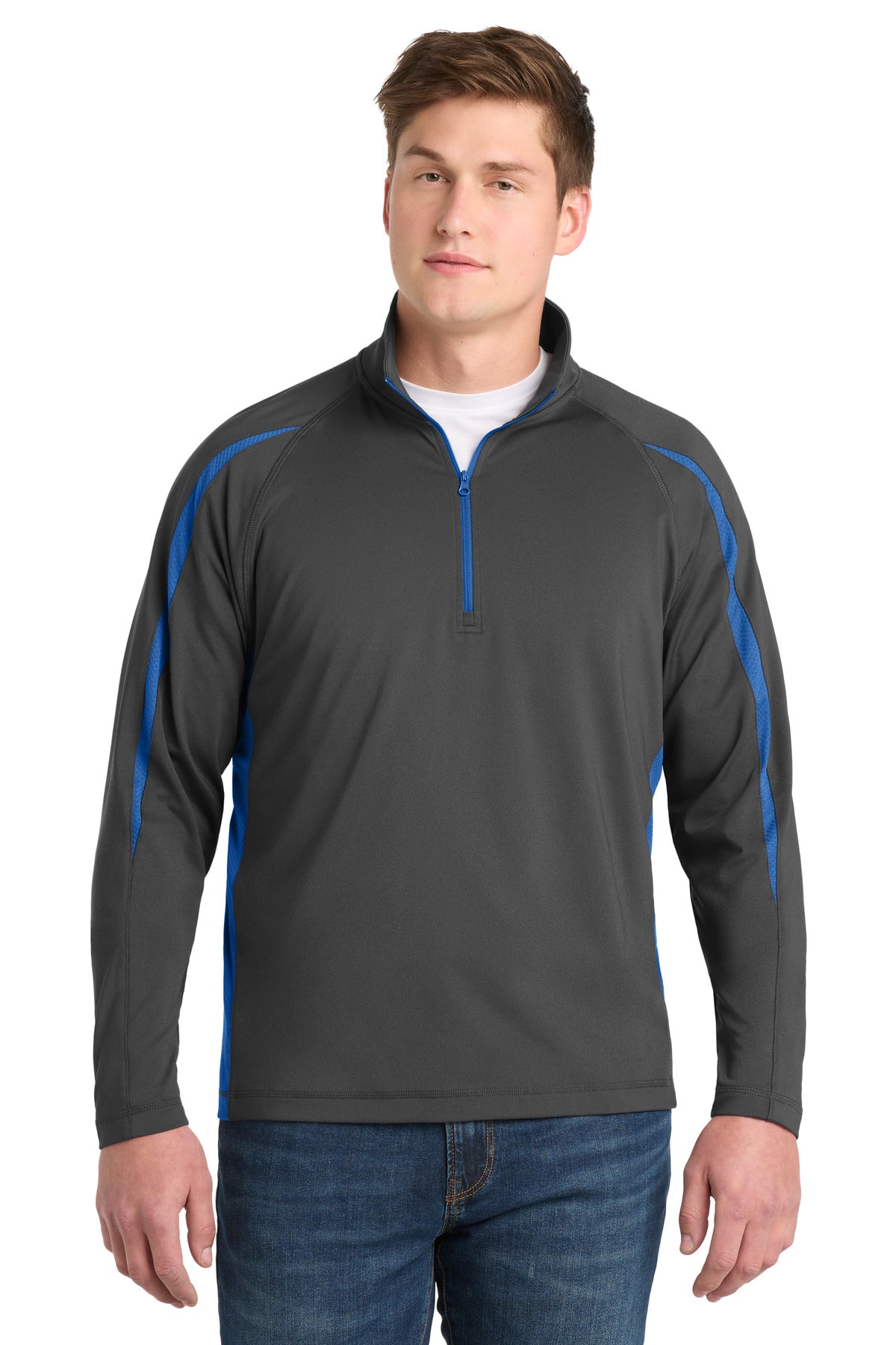 Sport-Tek Sport-Wick Stretch 1/4-Zip Colorblock Pullover - Charcoal Grey/ True Royal
