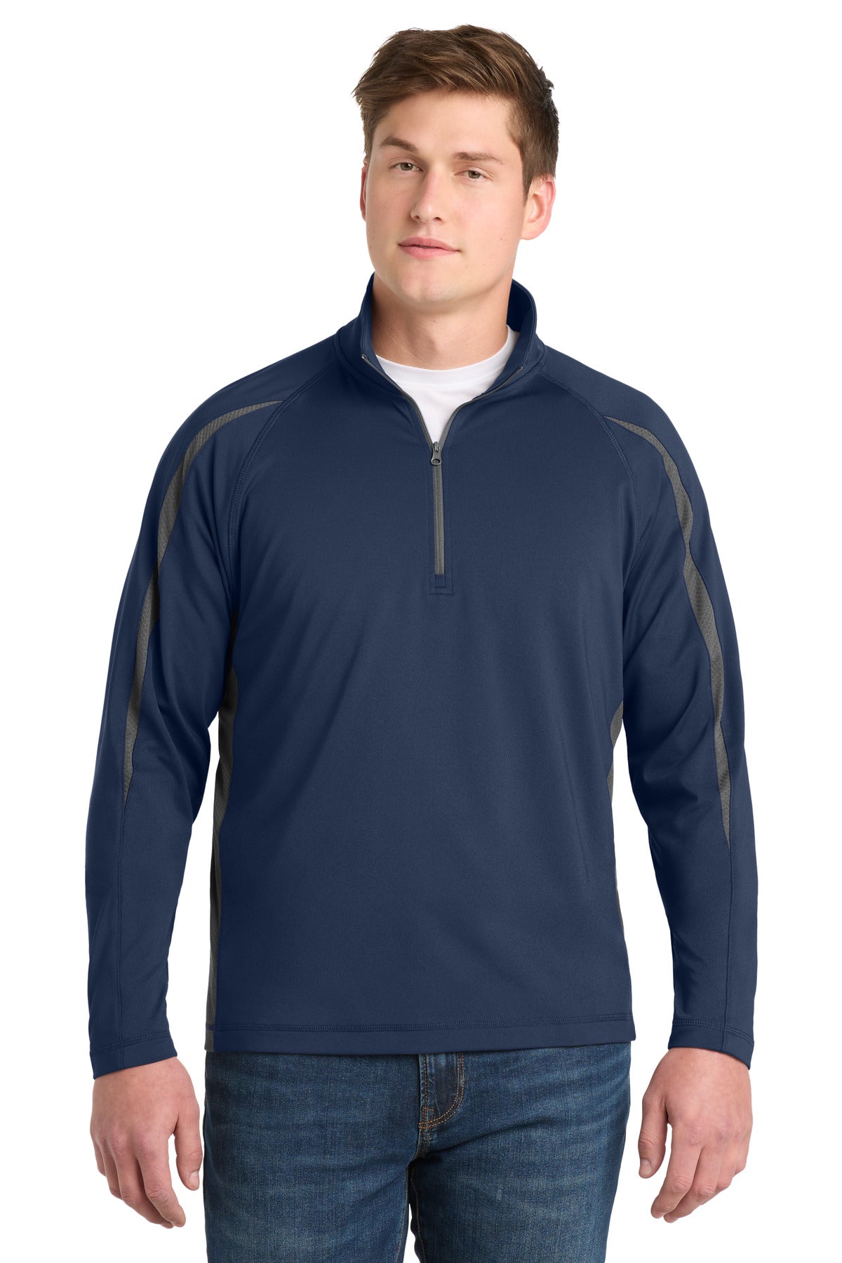 Sport-Tek Sport-Wick Stretch 1/4-Zip Colorblock Pullover - True Navy/ Charcoal Grey