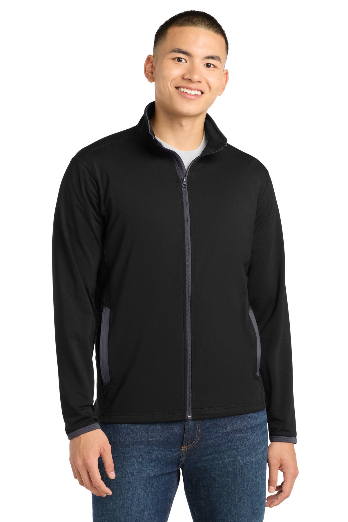 Sport-Tek Sport-Wick Stretch Contrast Full-Zip Jacket - Black/ Charcoal Grey