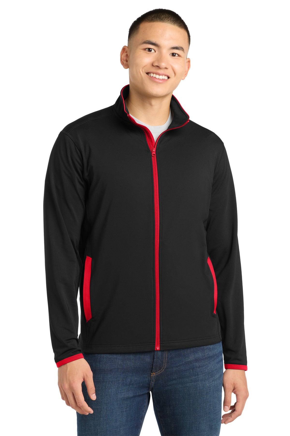 Sport-Tek Sport-Wick Stretch Contrast Full-Zip Jacket - Black/ True Red