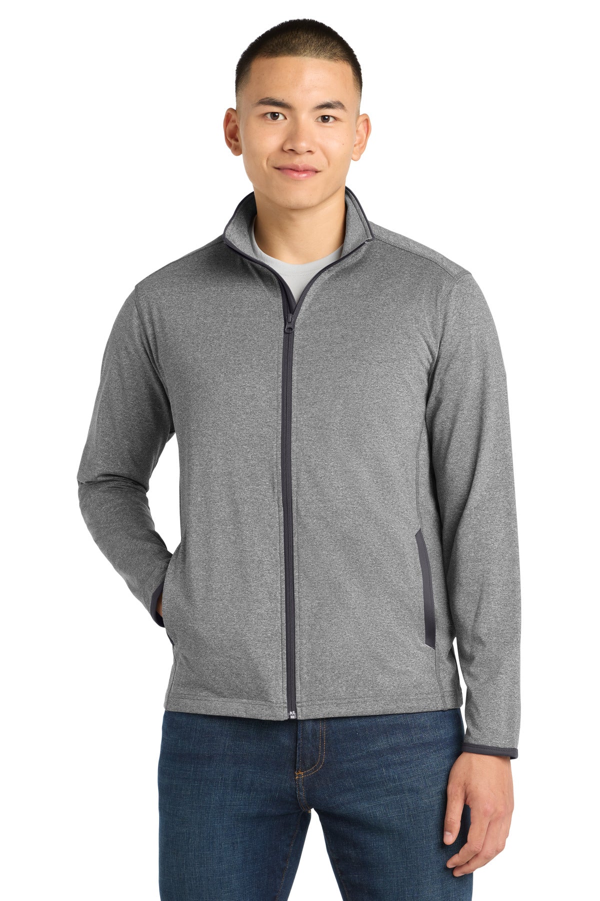 Sport-Tek Sport-Wick Stretch Contrast Full-Zip Jacket - Charcoal Grey Heather/ Charcoal Grey
