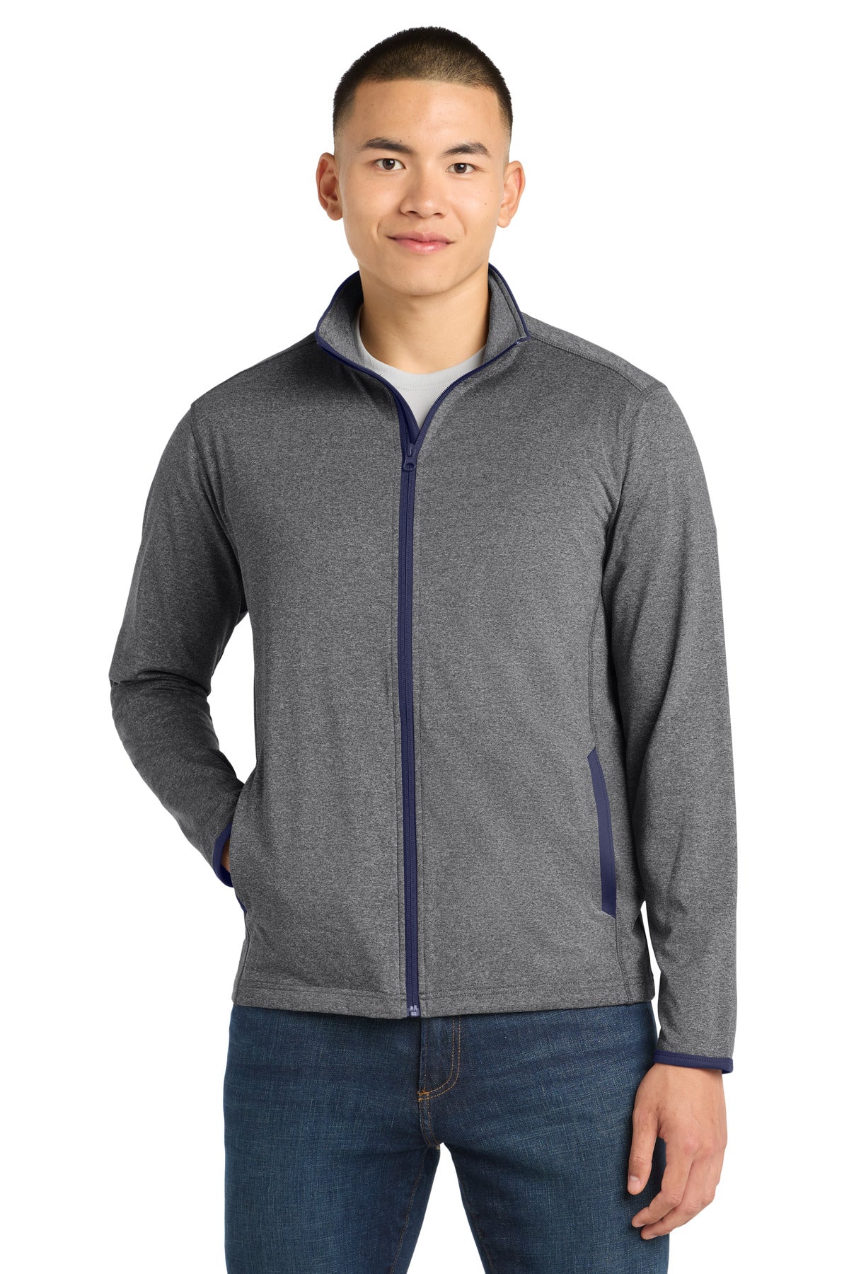 Sport-Tek Sport-Wick Stretch Contrast Full-Zip Jacket - Charcoal Grey Heather/ True Navy