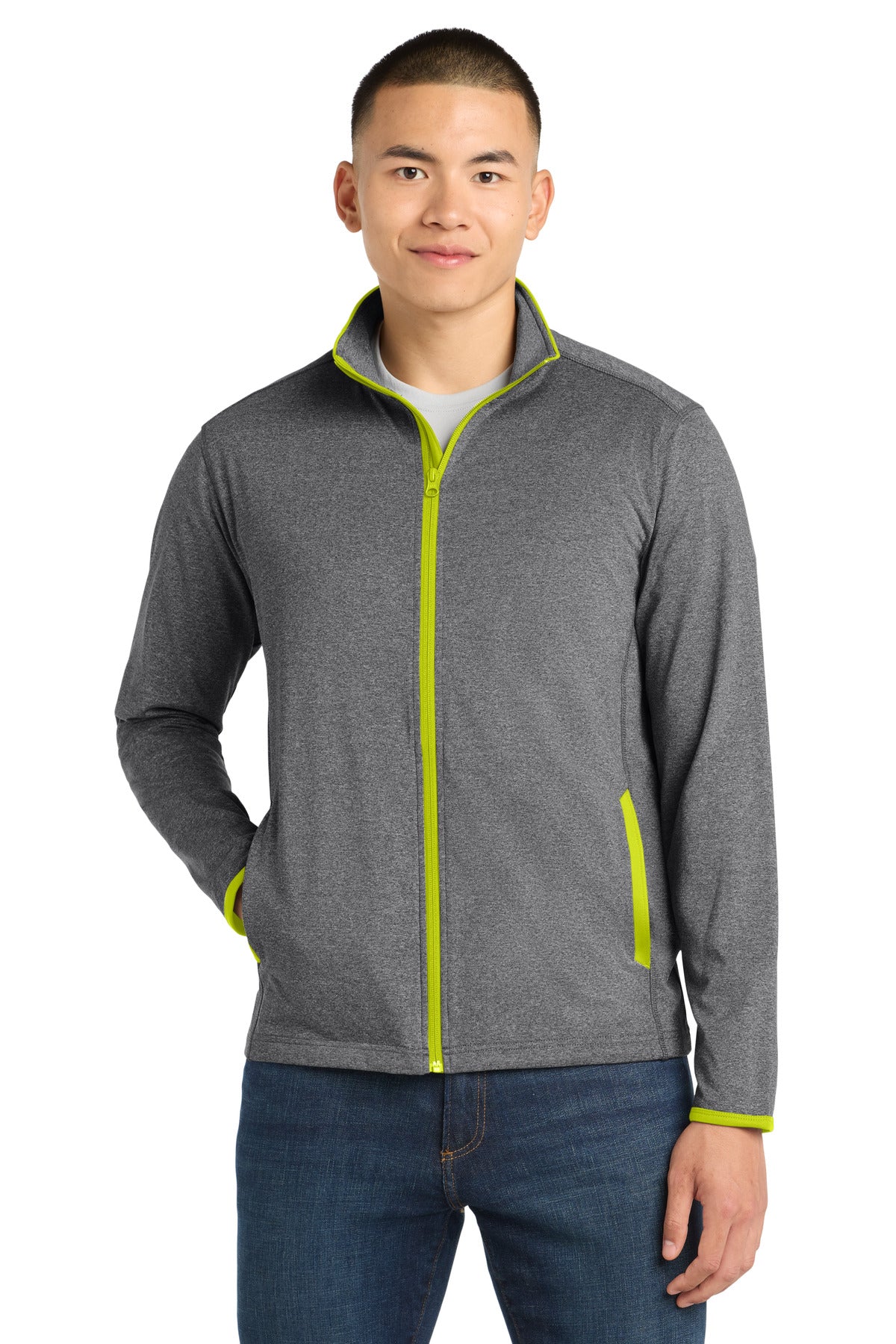 Sport-Tek Sport-Wick Stretch Contrast Full-Zip Jacket - Charcoal Grey Heather/ Charge Green