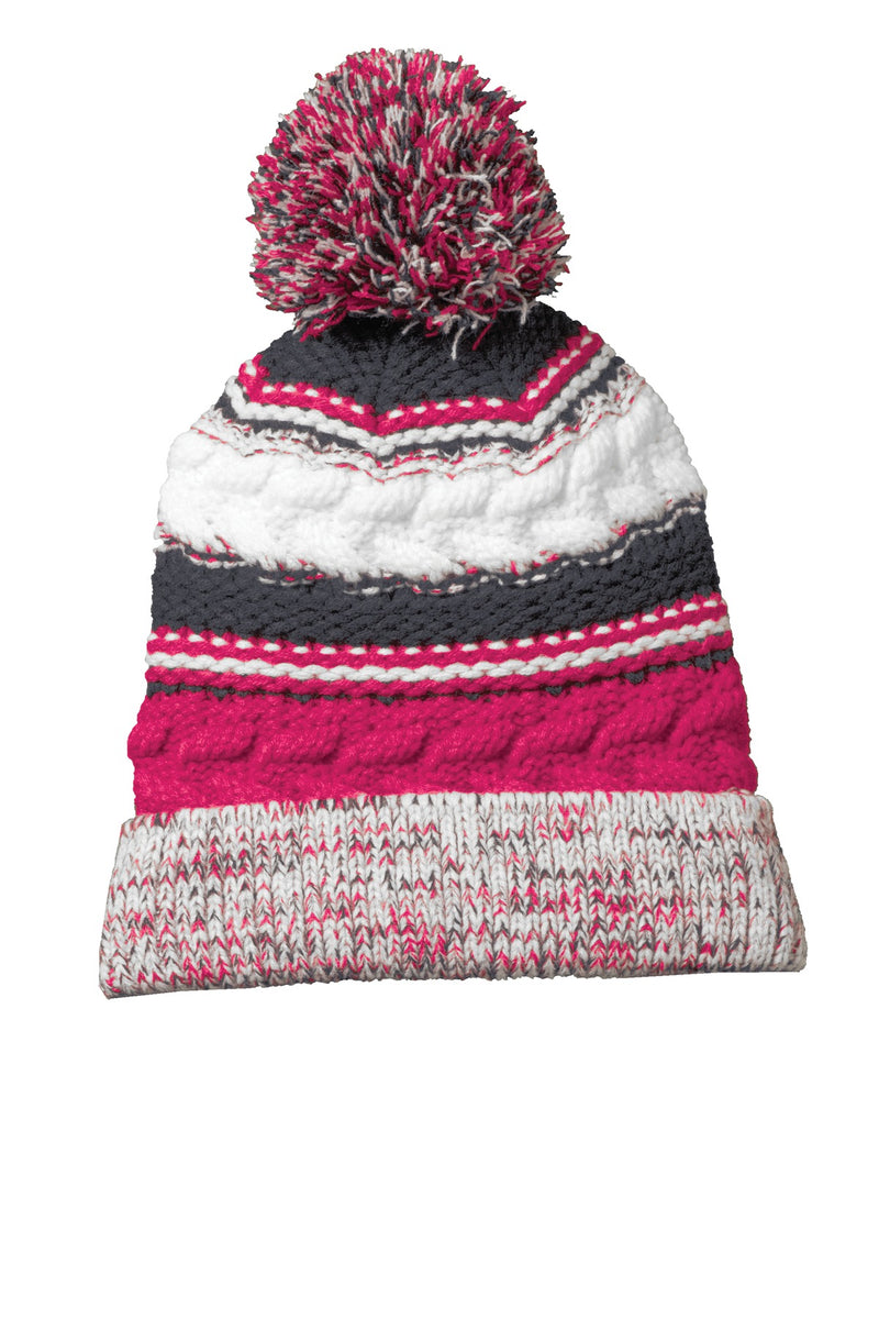 Sport-Tek Pom Pom Team Beanie - Pink Raspberry/ Iron Grey/ White
