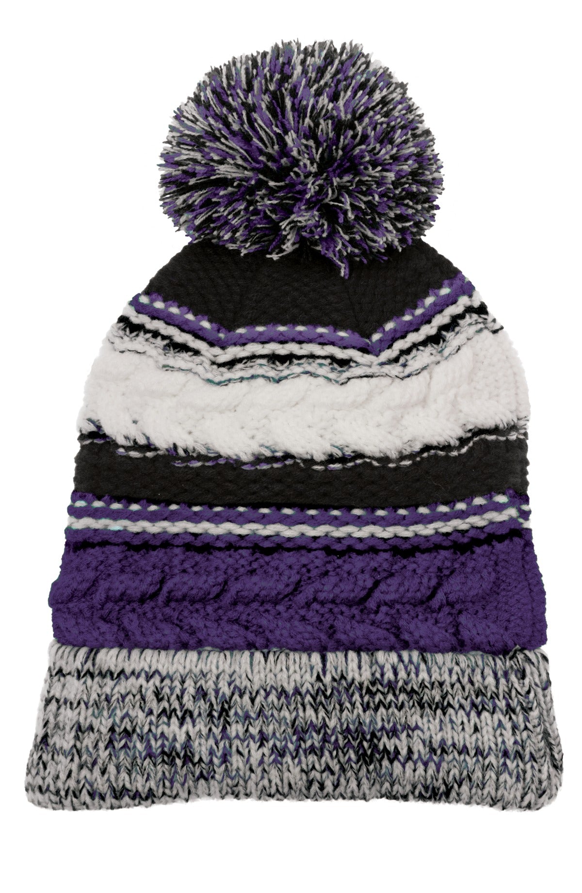 Sport-Tek Pom Pom Team Beanie - Purple/ Black/ White