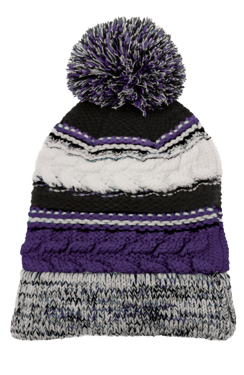 Sport-Tek Pom Pom Team Beanie - Purple/ Black/ White