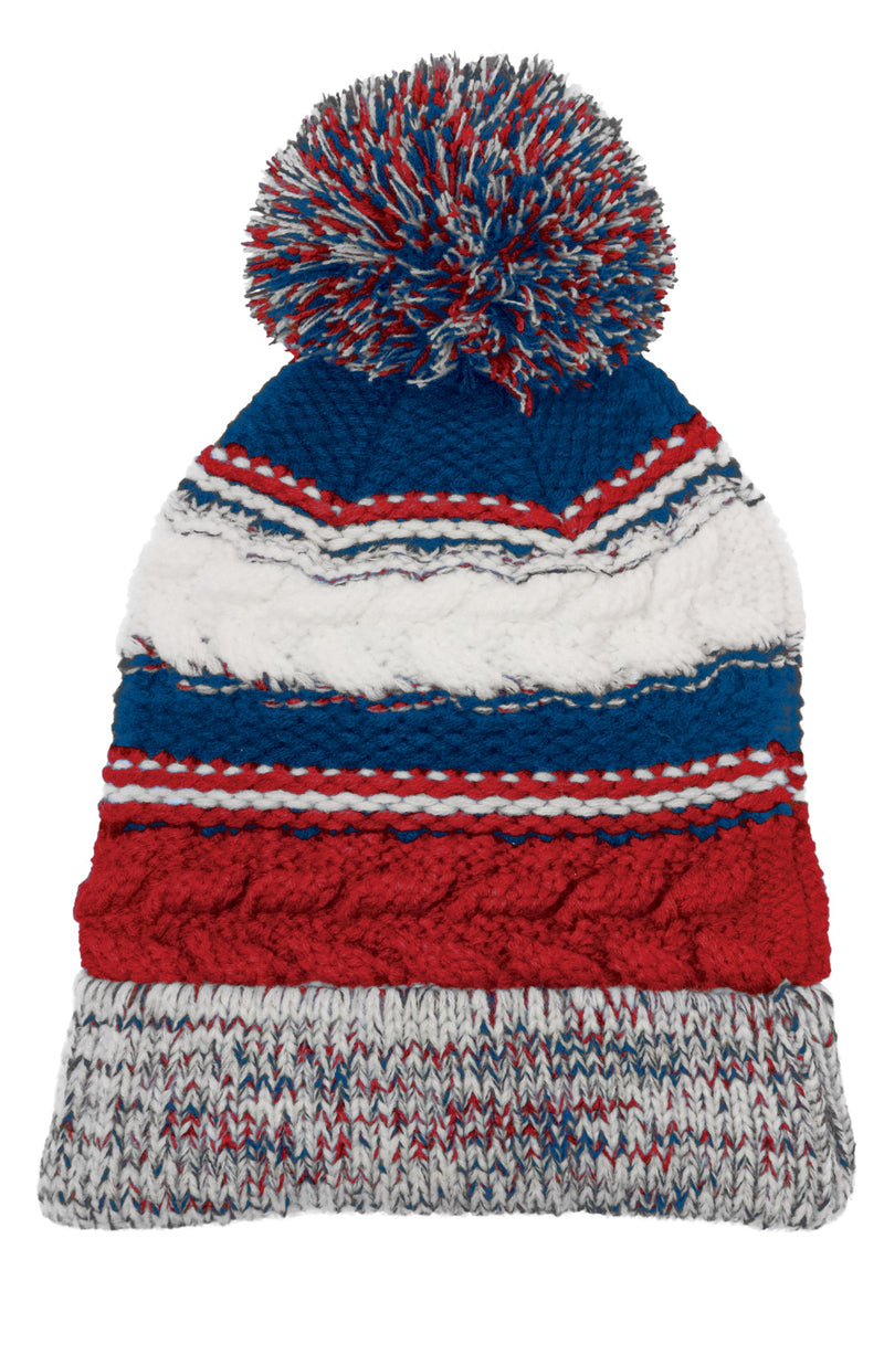 Sport-Tek Pom Pom Team Beanie - True Red/ True Royal/ White