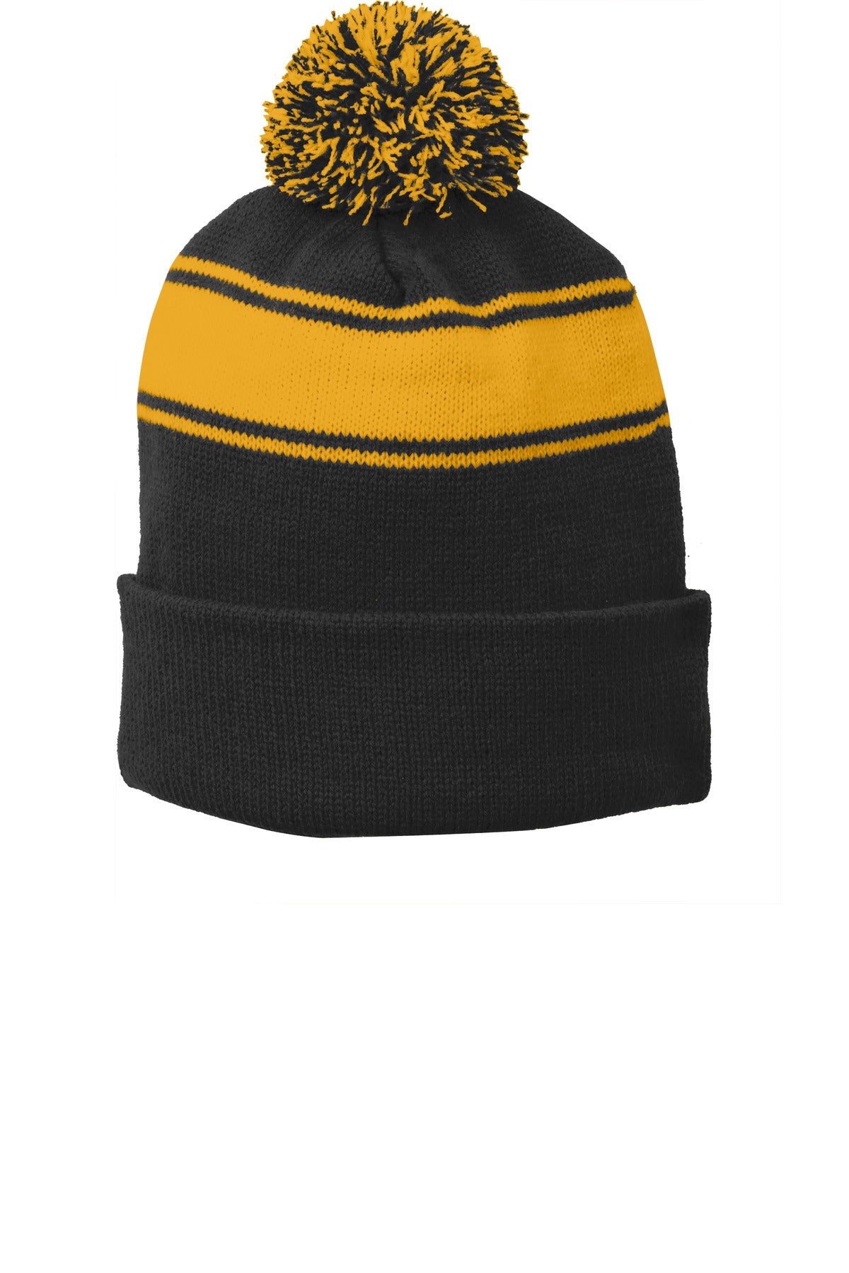 Sport-Tek Stripe Pom Pom Beanie - Black/ Gold