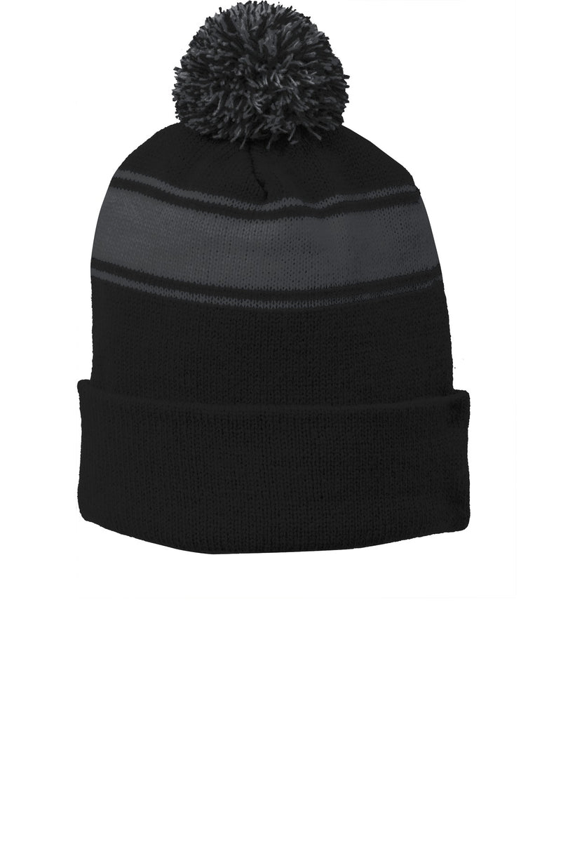 Sport-Tek Stripe Pom Pom Beanie - Black/ Iron Grey