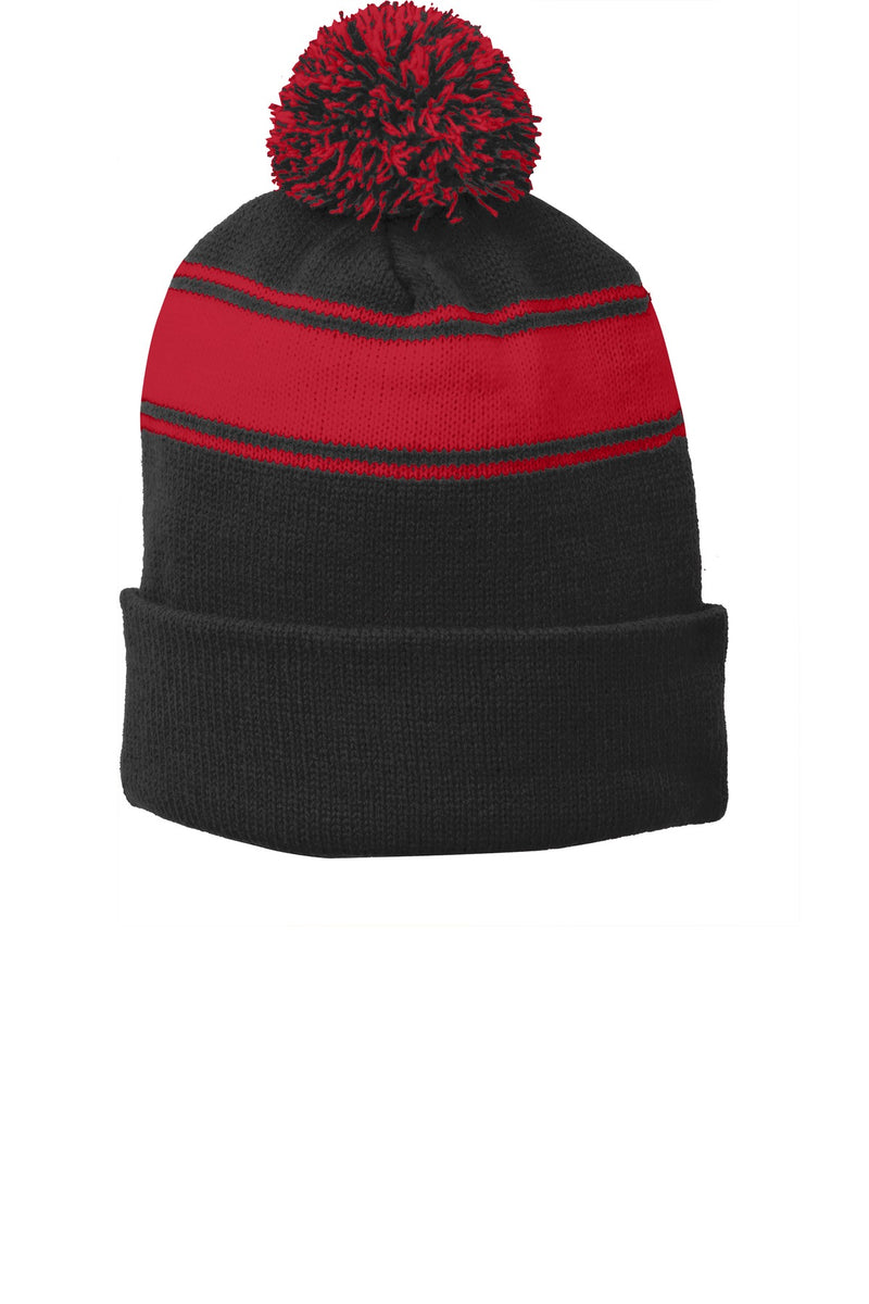 Sport-Tek Stripe Pom Pom Beanie - Black/ True Red