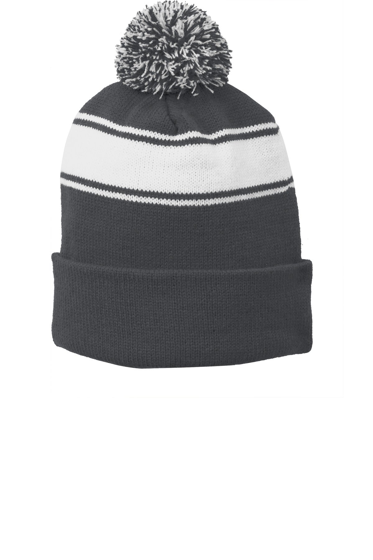 Sport-Tek Stripe Pom Pom Beanie - Iron Grey/ White