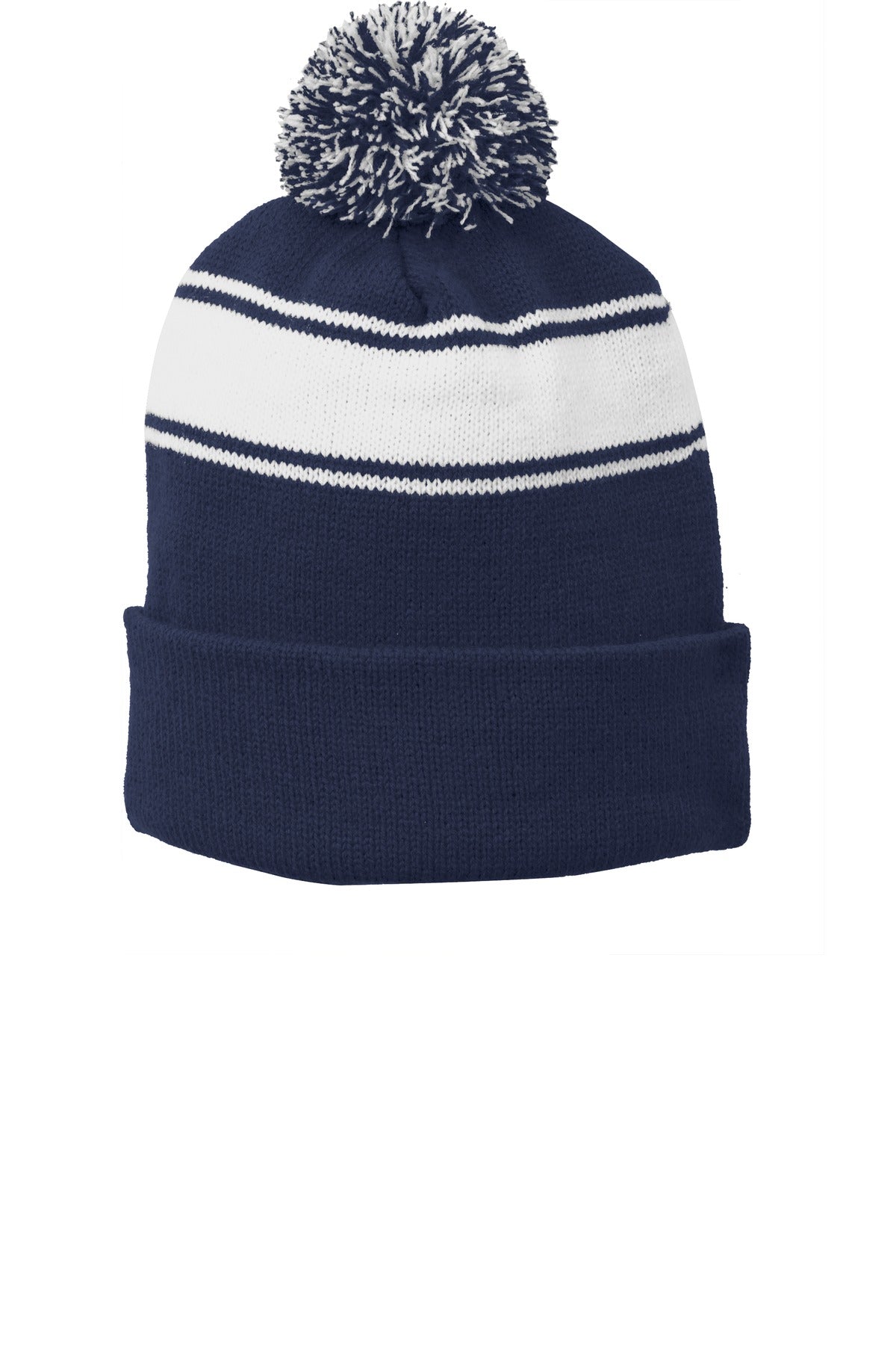 Sport-Tek Stripe Pom Pom Beanie - True Navy/ White